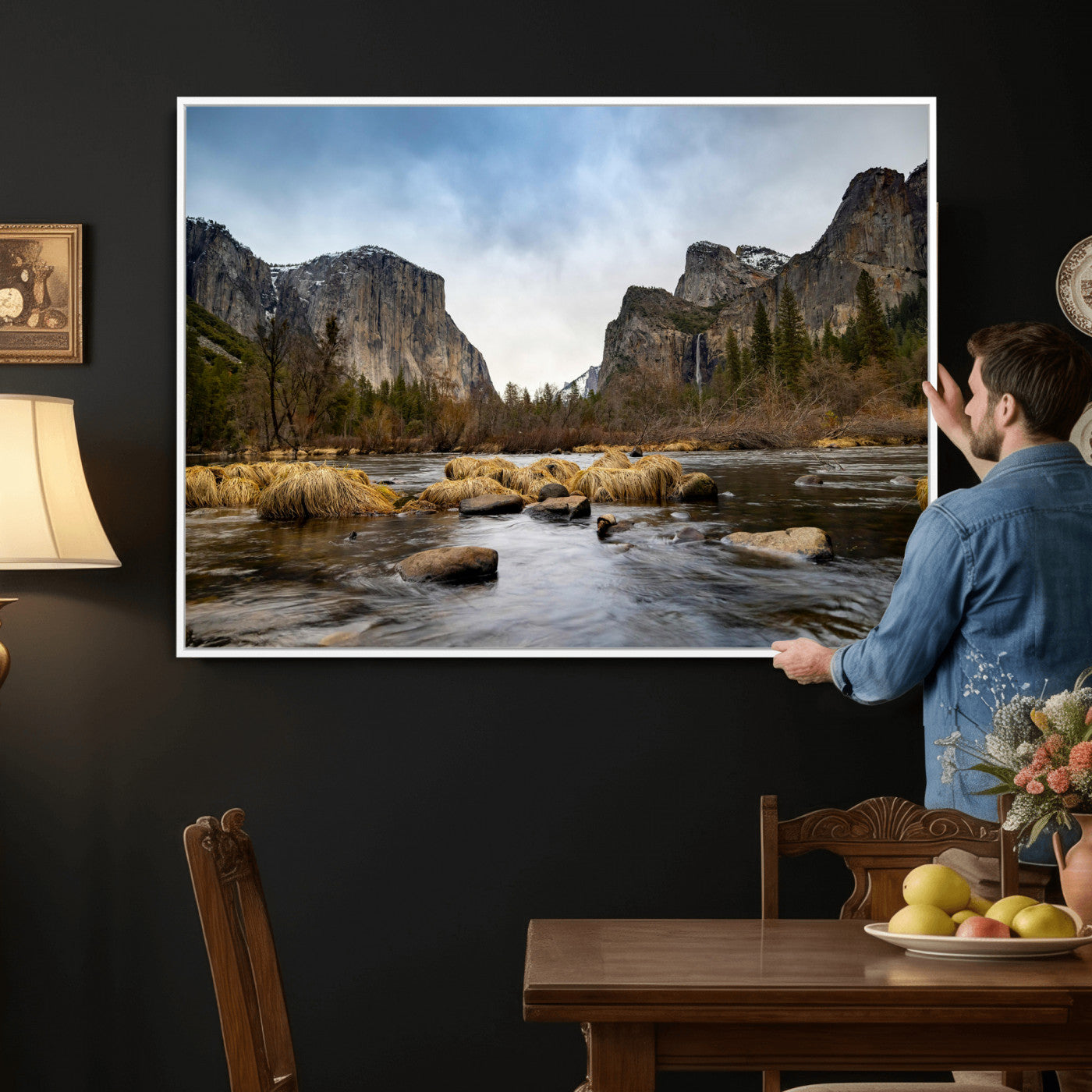 20458404-MGV-CV-36X24 - Yosemite Valley Mountain Landscape Wall Art Canvas Print, Granite Cliff Forest Valley Canvas Print, California National Park Scenic Art Printing