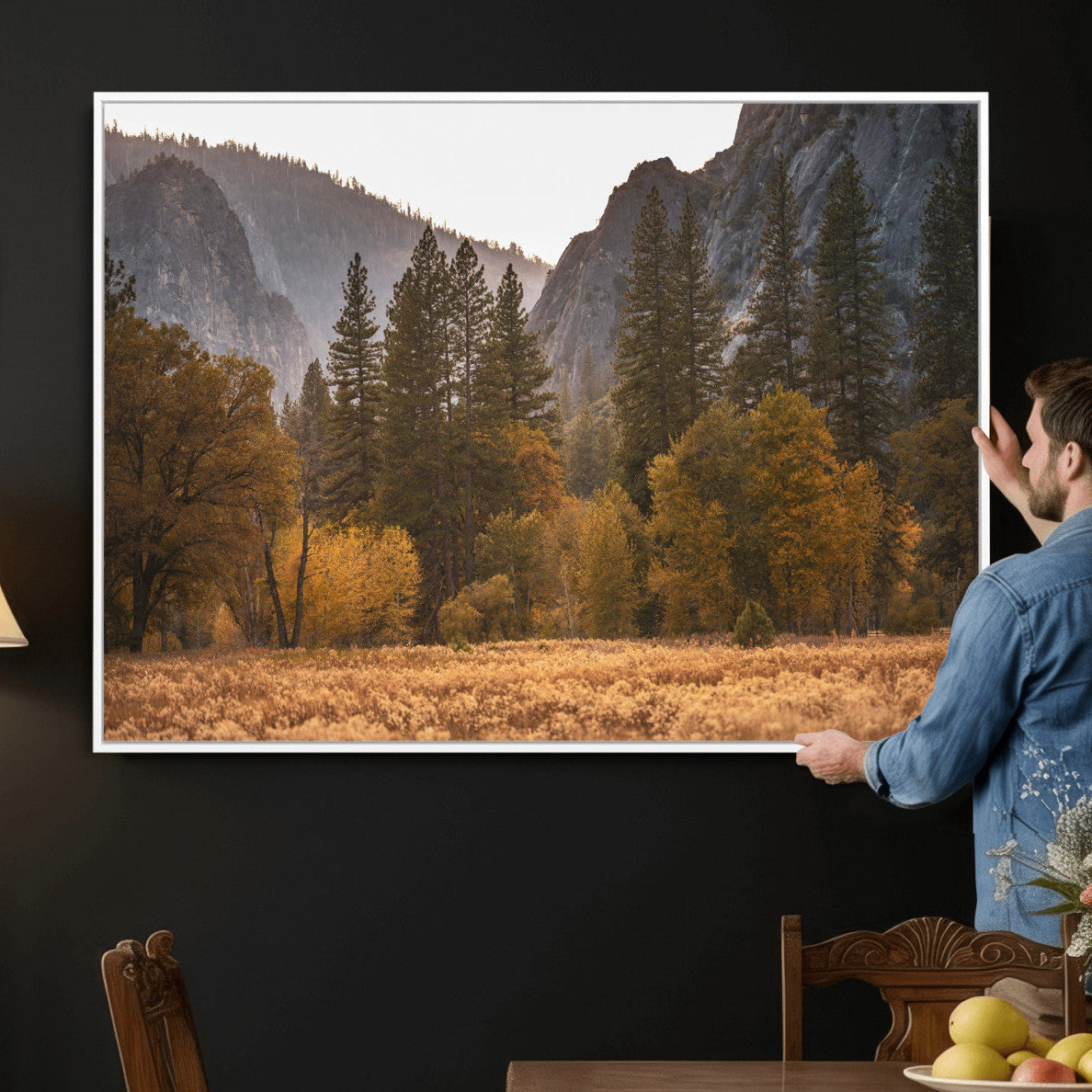61682763-MGV-CV-36X24 - Yosemite Valley Autumn Forest Landscape Wall Art Canvas Print, Granite Mountain Pine Trees Canvas Print, California National Park Fall Scenic Art Printing