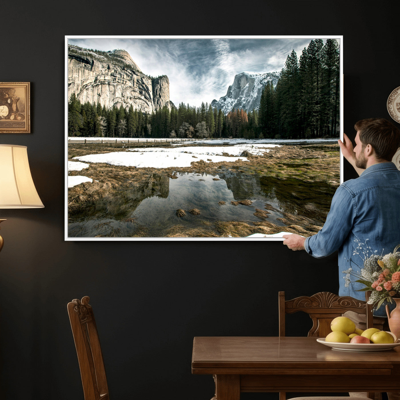 14527348-MGV-CV-36X24 - Yosemite Valley Mountain Landscape Wall Art Canvas Print, Granite Cliff Forest Valley Canvas Print, California National Park Scenic Art Printing