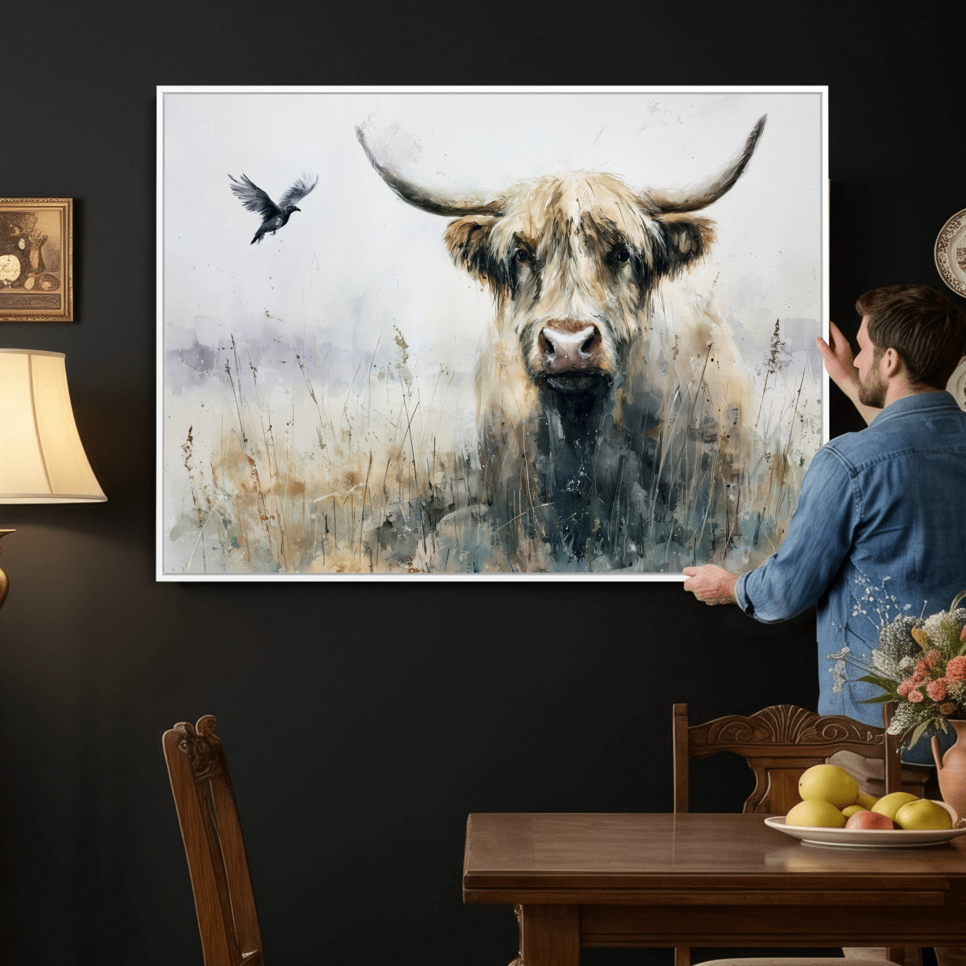 55652651-MGV-CV-36X24 - Abstract Highland Cow Watercolor Animal Wall Art Canvas Print, Rustic Farm Cattle Portrait Canvas Print, Neutral Wildlife Farmhouse Art Printing