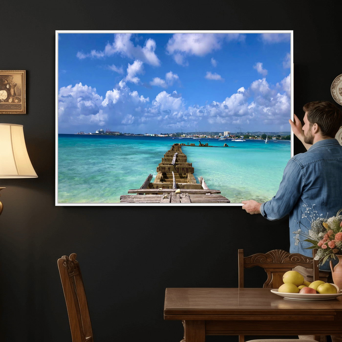 43165024-MGV-CV-36X24 - Caribbean Ocean Pier Seascape Wall Art Canvas Print, Turquoise Sea Tropical Harbor Canvas Print, Island Coastal Blue Water Scenic Art Printing