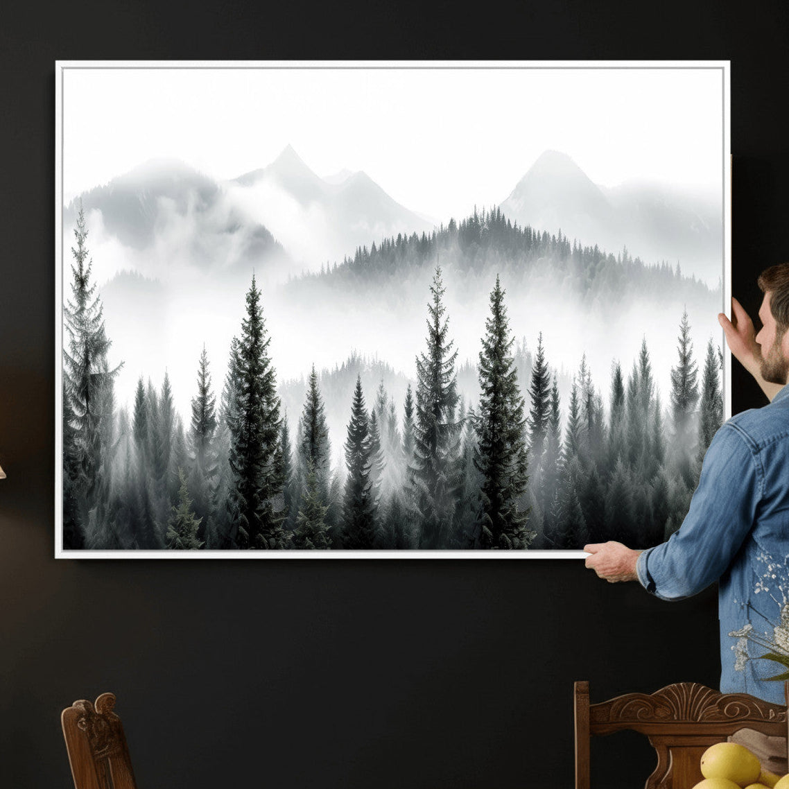 38819032-MGV-CV-36X24 - Misty Pine Forest Mountain Landscape Wall Art Canvas Print, Foggy Evergreen Trees Minimal Nature Canvas Print, Monochrome Wilderness Scenic Art Printing