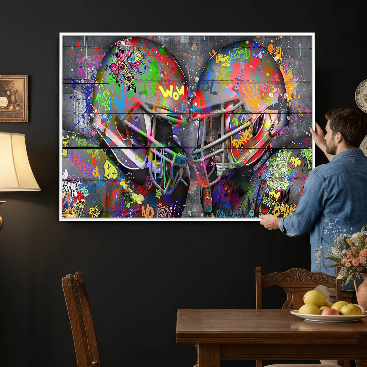 15309853-MGV-CV-36X24 - Graffiti Football Helmets Wall Art Canvas Print, Urban Street Art Sports Decor, Colorful American Football Graffiti Artwork