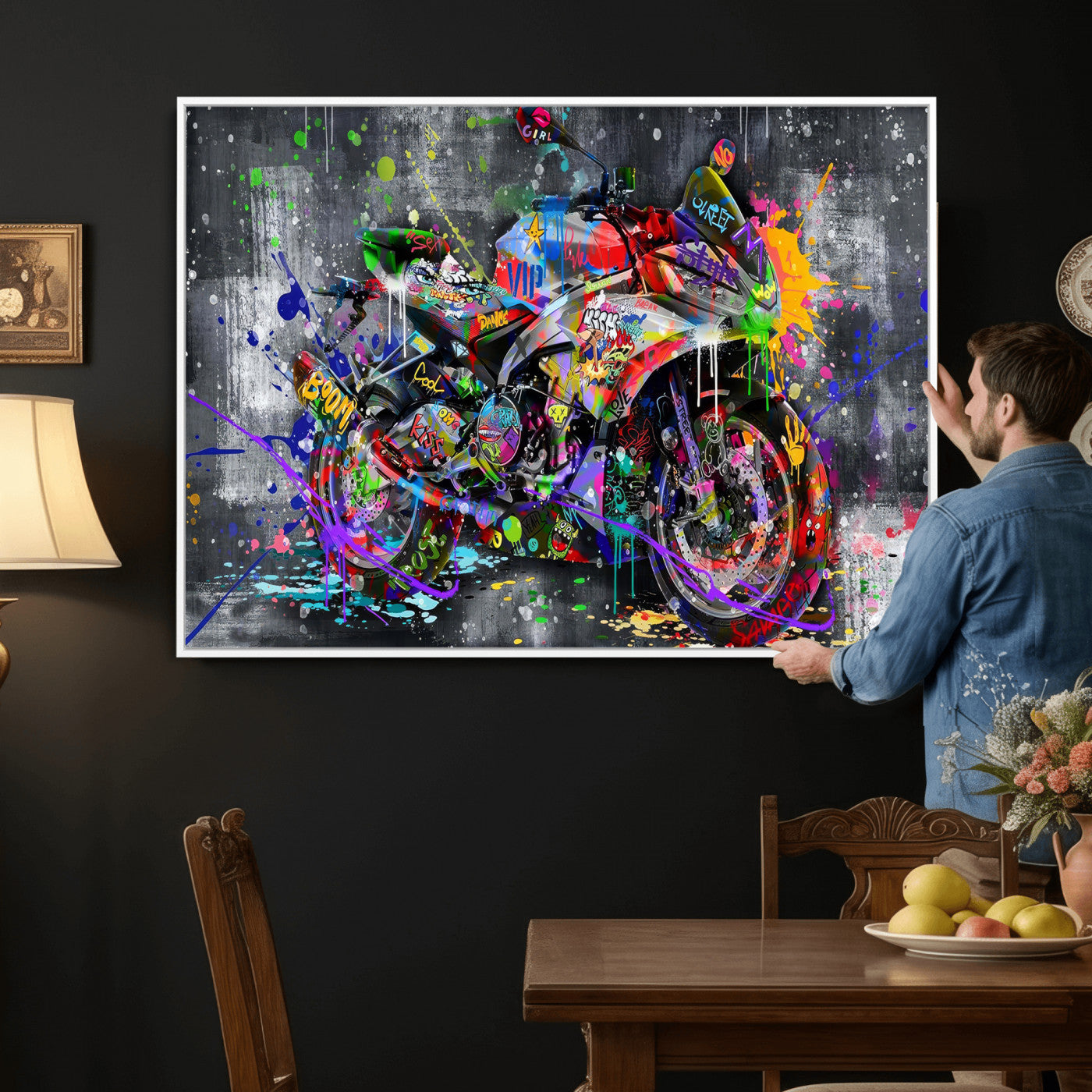 83021767-MGV-CV-36X24 - Graffiti Motorcycle Wall Art Canvas Print, Urban Street Art Motorbike Decor, Colorful Graffiti Sports Bike Artwork