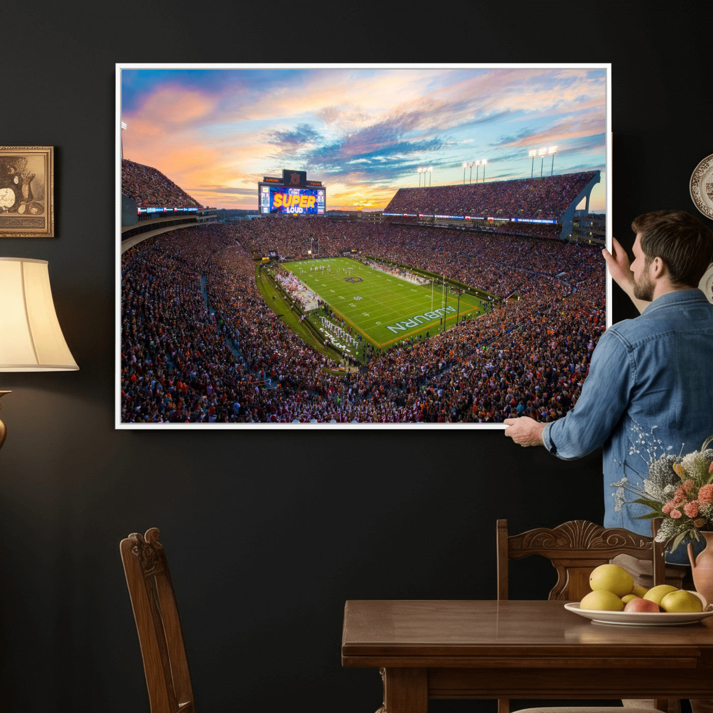 75203764-MGV-CV-36X24 - Auburn Stadium Sunset Wall Art Canvas Print, Jordan Hare Stadium Game Day Crowd, Auburn Tigers Football Artwork