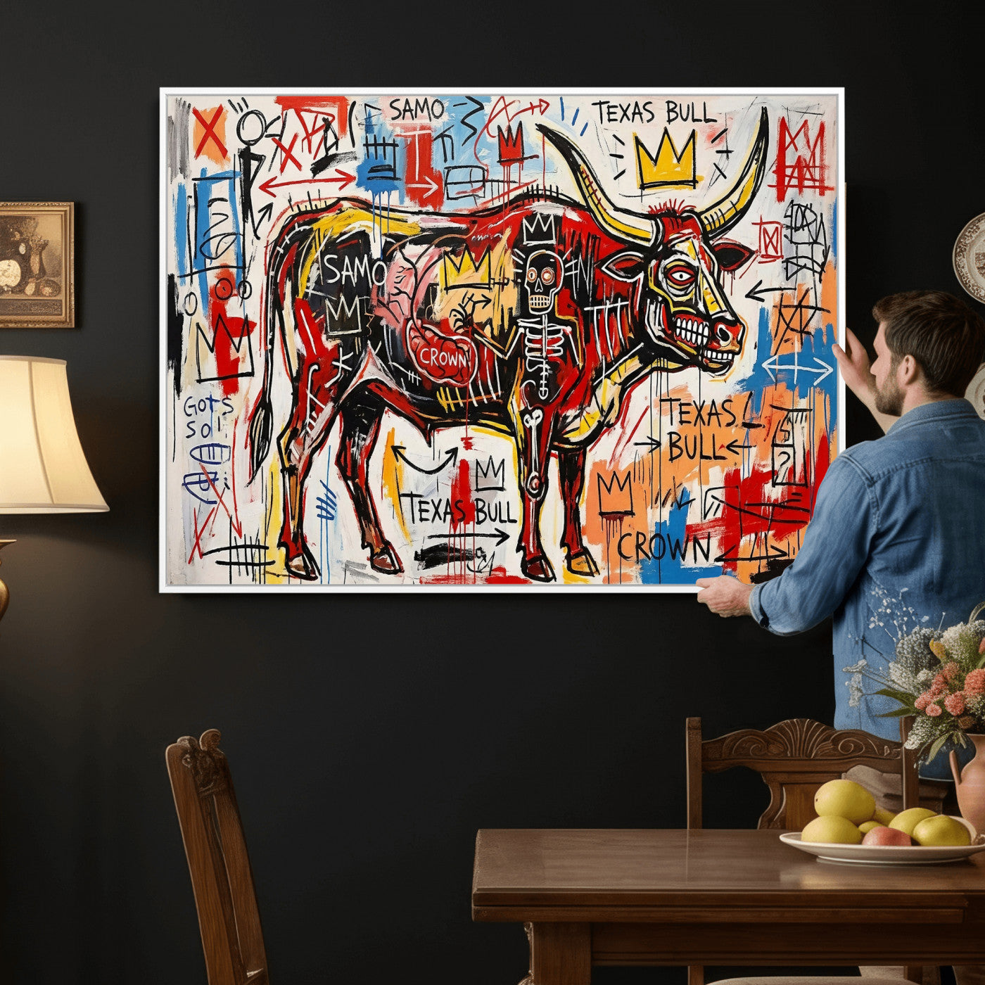 89504579-MGV-CV-36X24 - TITLE: Texas Bull Wall Art Canvas Print, Abstract Graffiti Bull Painting, Western Animal Art, Modern Ranch Decor