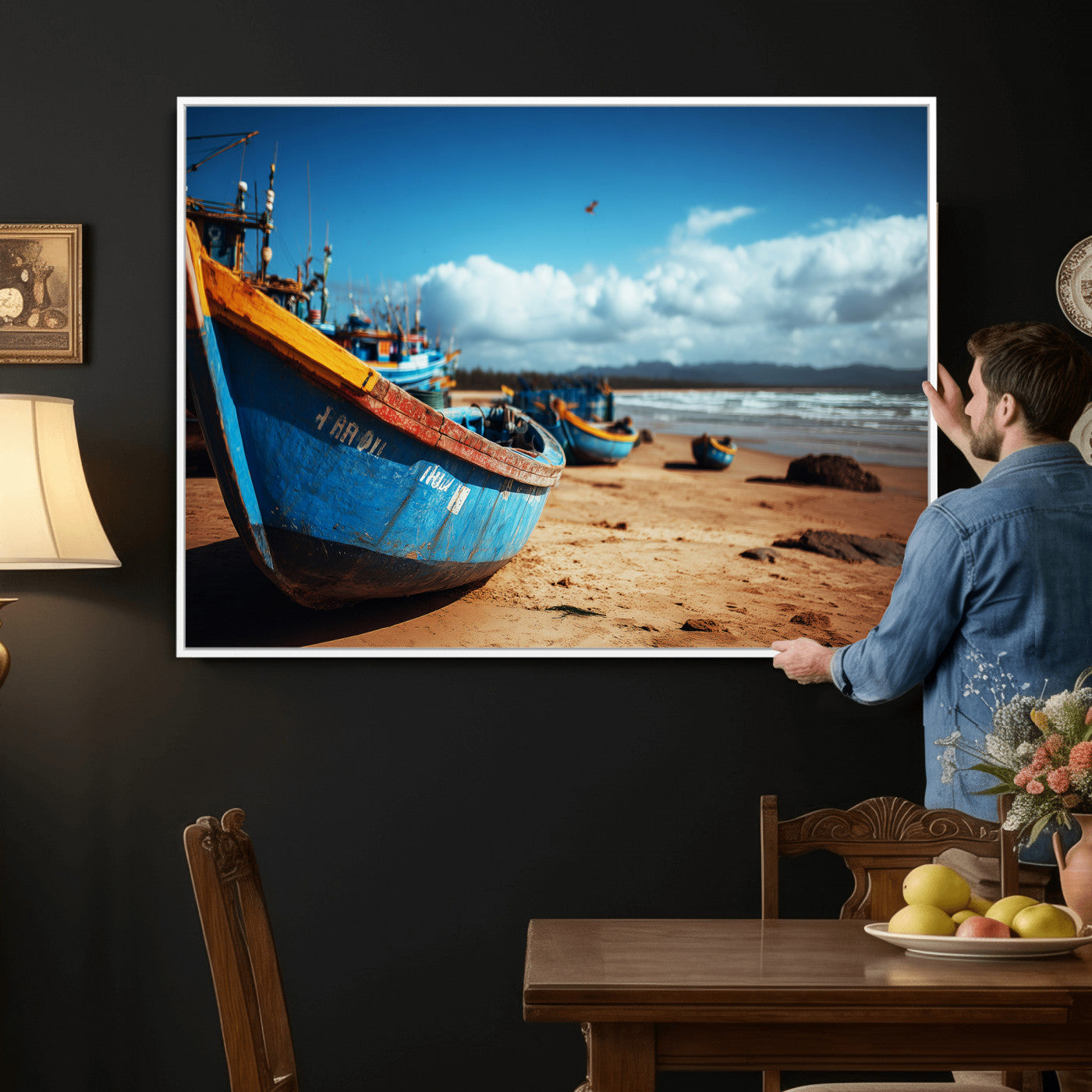 70925201-MGV-CV-36X24 - Fishing Boats Wall Art Canvas Print, Coastal Boat Beach Scene, Nautical Seaside Artwork, Ocean Shore Decor, Coastal Home Wall Art