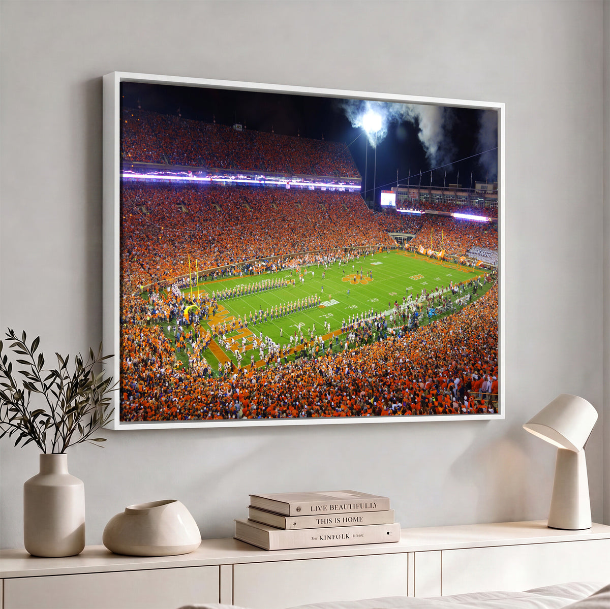 43662631-MGV-CV-36X24 - Clemson Football Stadium Wall Art Canvas Print, College Football Crowd Night Game Scene, Orange Stadium Panorama Wall Decor