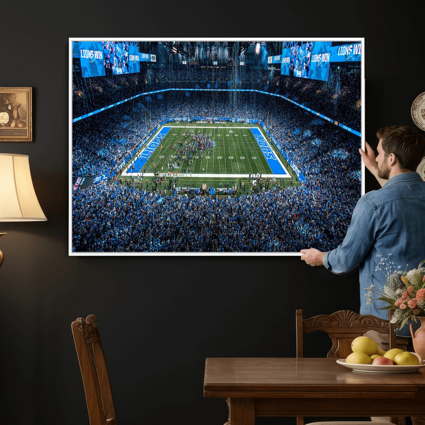 80882005-MGV-CV-36X24 - Detroit Lions Stadium Wall Art Canvas Print, Football Field Panorama Artwork, NFL Game Night Stadium Decor