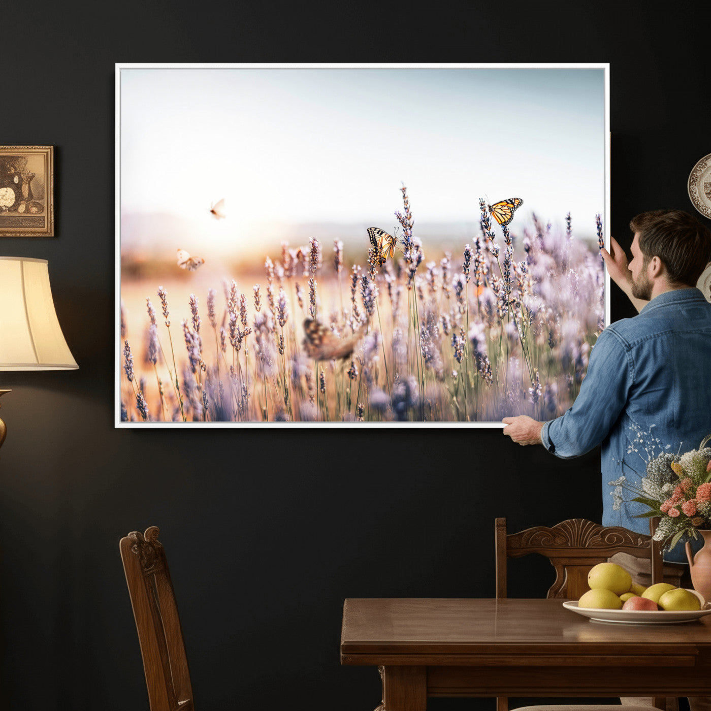 46417478-MGV-CV-36X24 - Lavender Field Wall Art Canvas Print, Butterfly Floral Landscape Art, Soft Nature Wall Decor for Bedroom