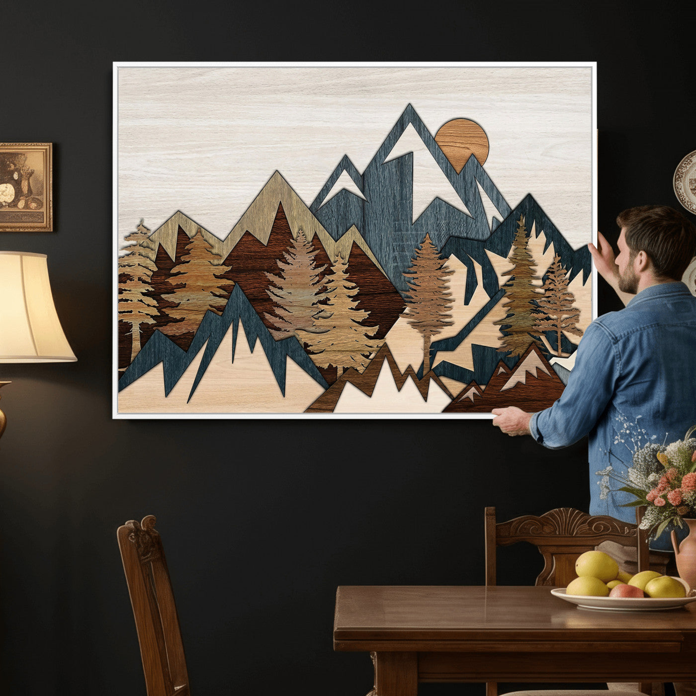 61833055-MGV-CV-36X24 - Mountain Forest Wall Art Canvas Print, Layered Wood Landscape Artwork, Rustic Nature Wall Decor for Living Room