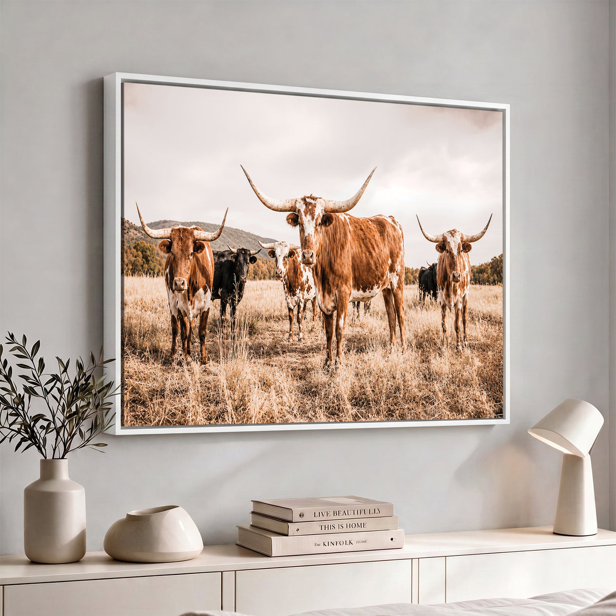 27539727-MGV-CV-36X24 - Texas Longhorn Cattle Wall Art Canvas Print, Sepia Western Decor