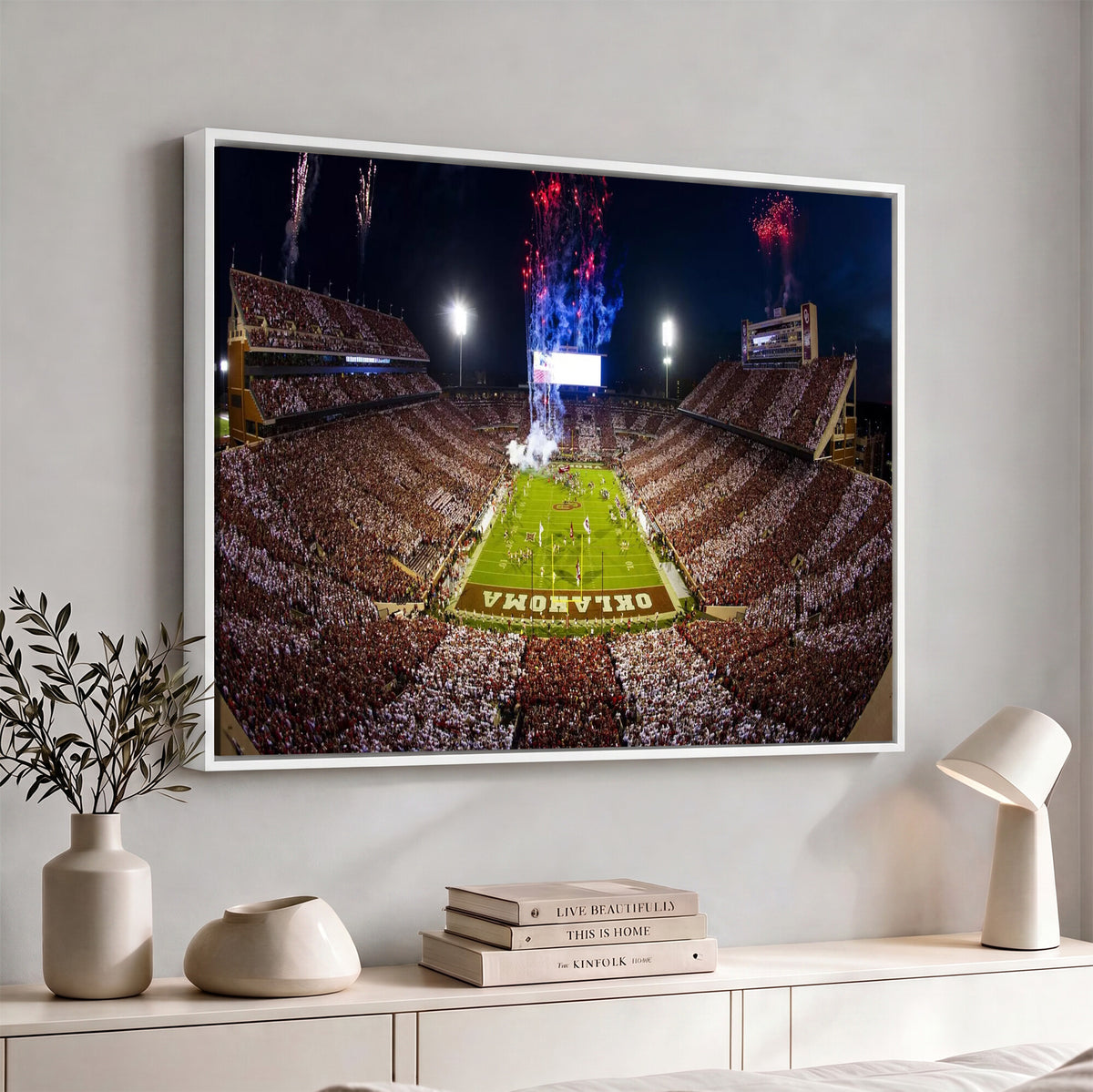 43197777-MGV-CV-36X24 - Oklahoma Memorial Stadium Wall Art Canvas Print – Oklahoma Sooners Football Artwork for Home, Office, and Sports Room Decor