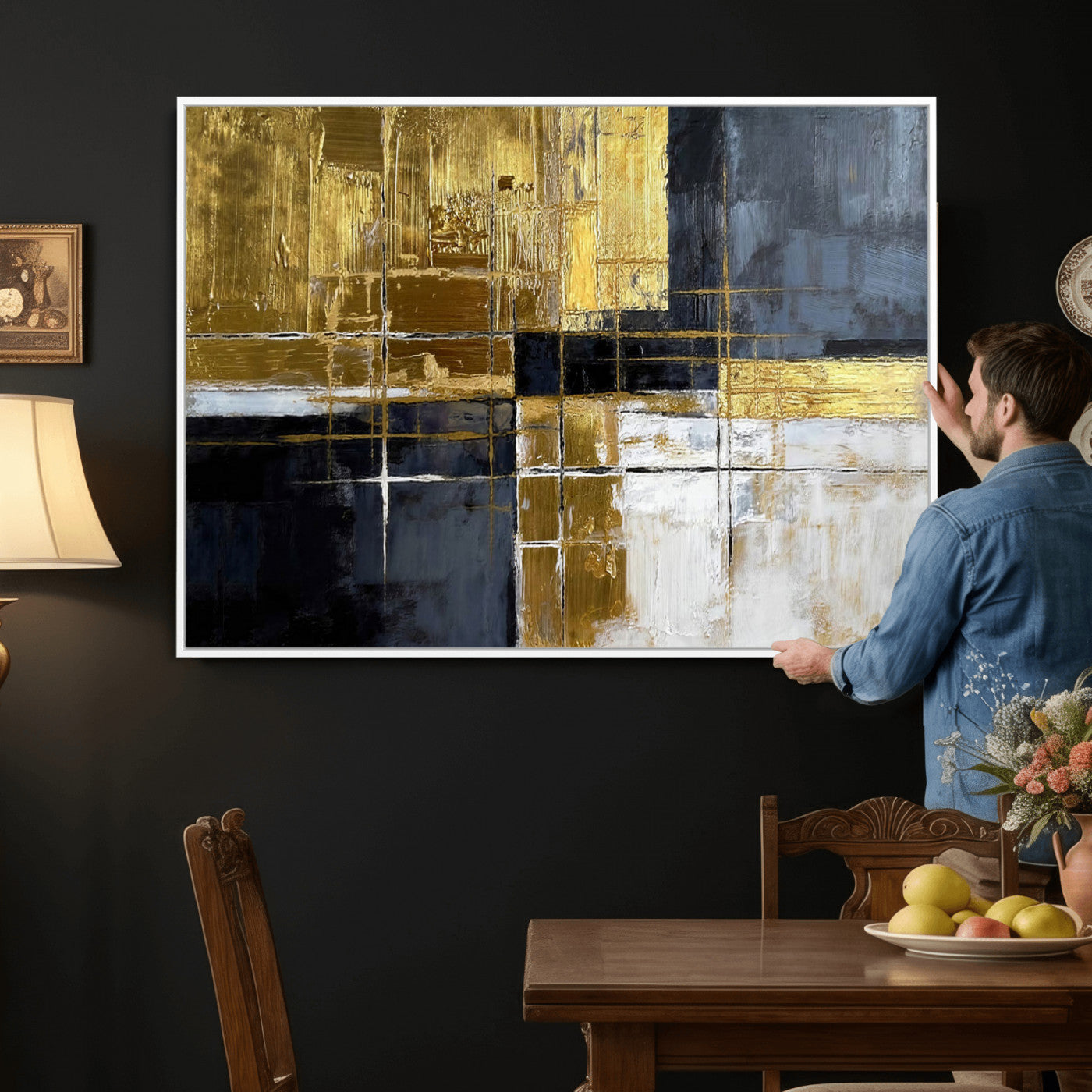 76917030-MGV-CV-36X24 - Gold Navy Abstract Wall Art Canvas Print, Modern Luxury Geometric Painting Wall Decor for Living Room and Office