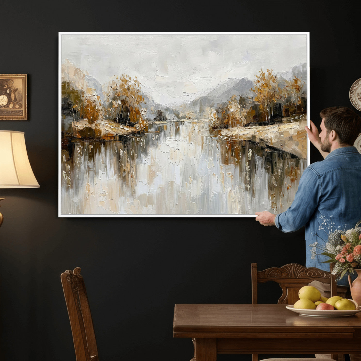 78227690-MGV-CV-36X24 - Neutral Abstract Lake Landscape Wall Art Canvas Print, Modern Minimal River Reflection Canvas Print, Beige Gray Contemporary Nature Art Printing
