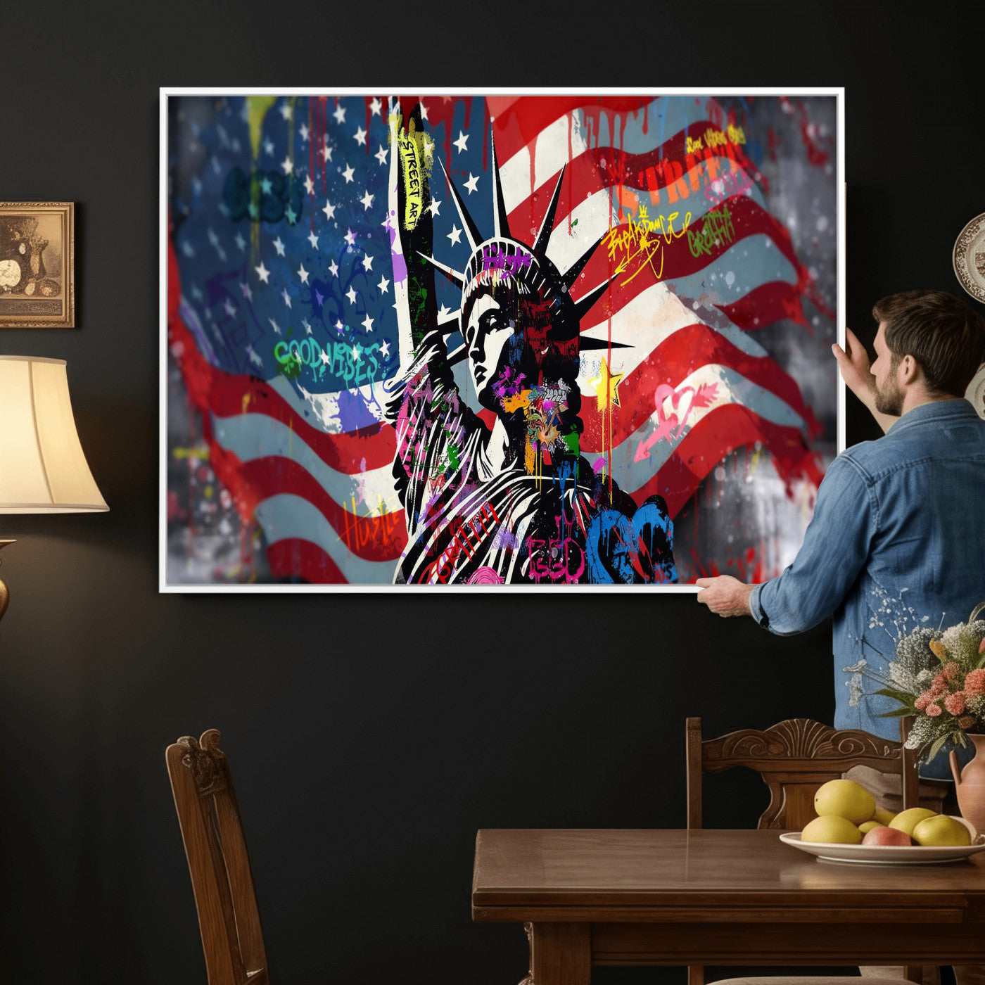 32151941-MGV-CV-36X24 - USA Statue of Liberty Graffiti Street Art Wall Art Canvas Print, American Flag Urban Pop Art Canvas Print, Modern Patriotic Street Art Contemporary Art Printing