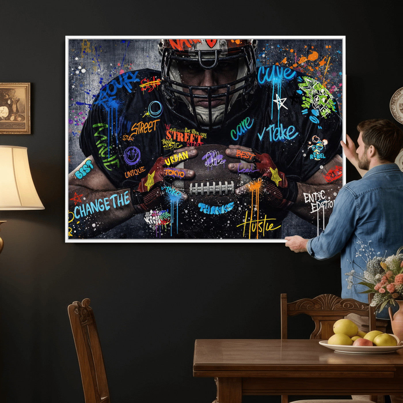 55267256-MGV-CV-36X24 - Graffiti American Football Player Street Art Wall Art Canvas Print, Urban Sports Pop Art Football Canvas Print, Modern Athletic Graffiti Contemporary Art Printing