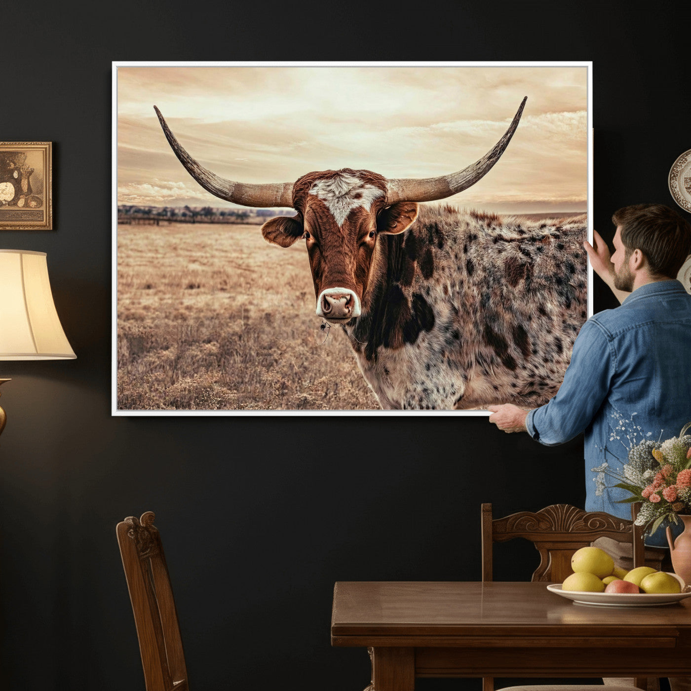 55805825-MGV-CV-36X24 - Texas Longhorn Wall Art Canvas Print – Western Cattle Ranch Artwork for Rustic Farmhouse Decor