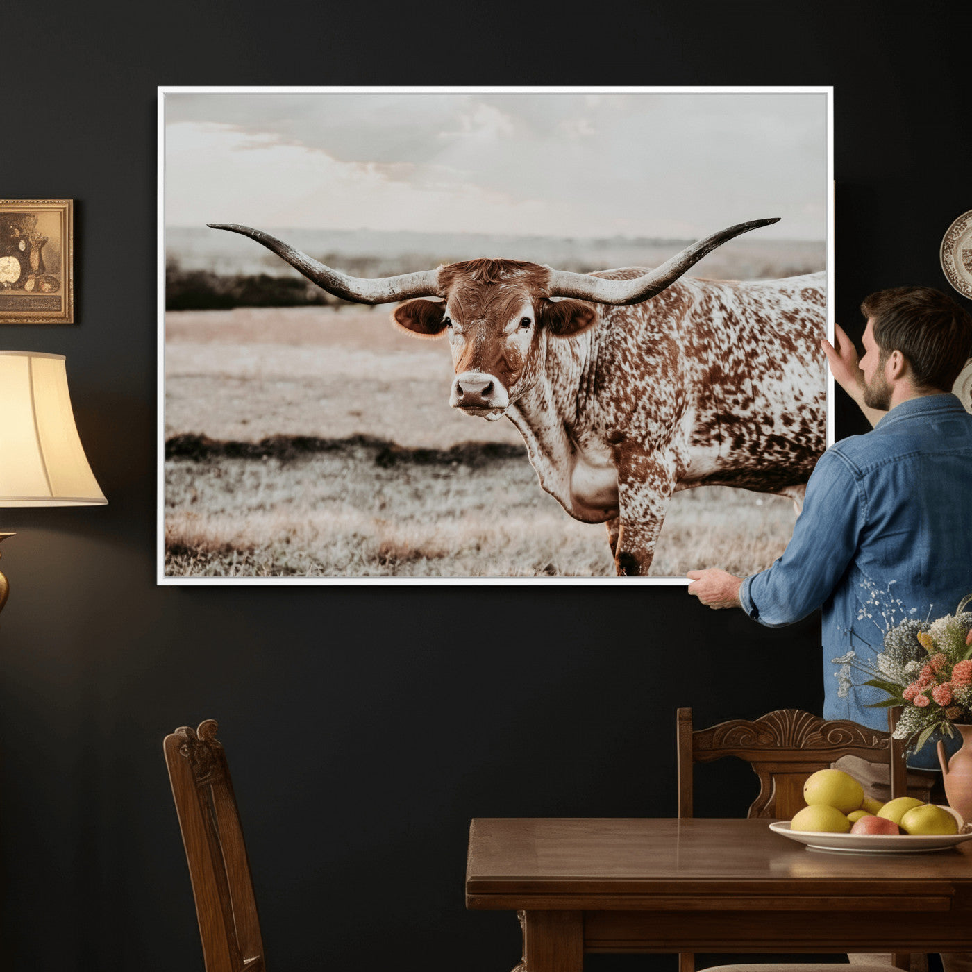 73897046-MGV-CV-36X24 - Texas Longhorn Bull Rustic Wall Art Canvas Print, Western Cattle Photography Canvas Print, Ranch Farm Animal Western Art Printing