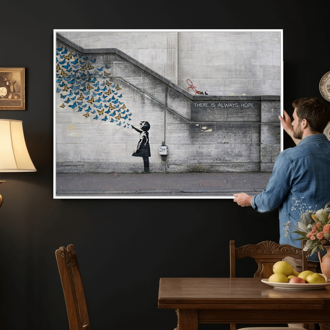 15274223-MGV-CV-36X24 - Banksy Girl with Butterflies Street Art Wall Art Canvas Print, Hope Graffiti Urban Art Canvas Print, Minimalist Inspirational Street Art Contemporary Art Printing