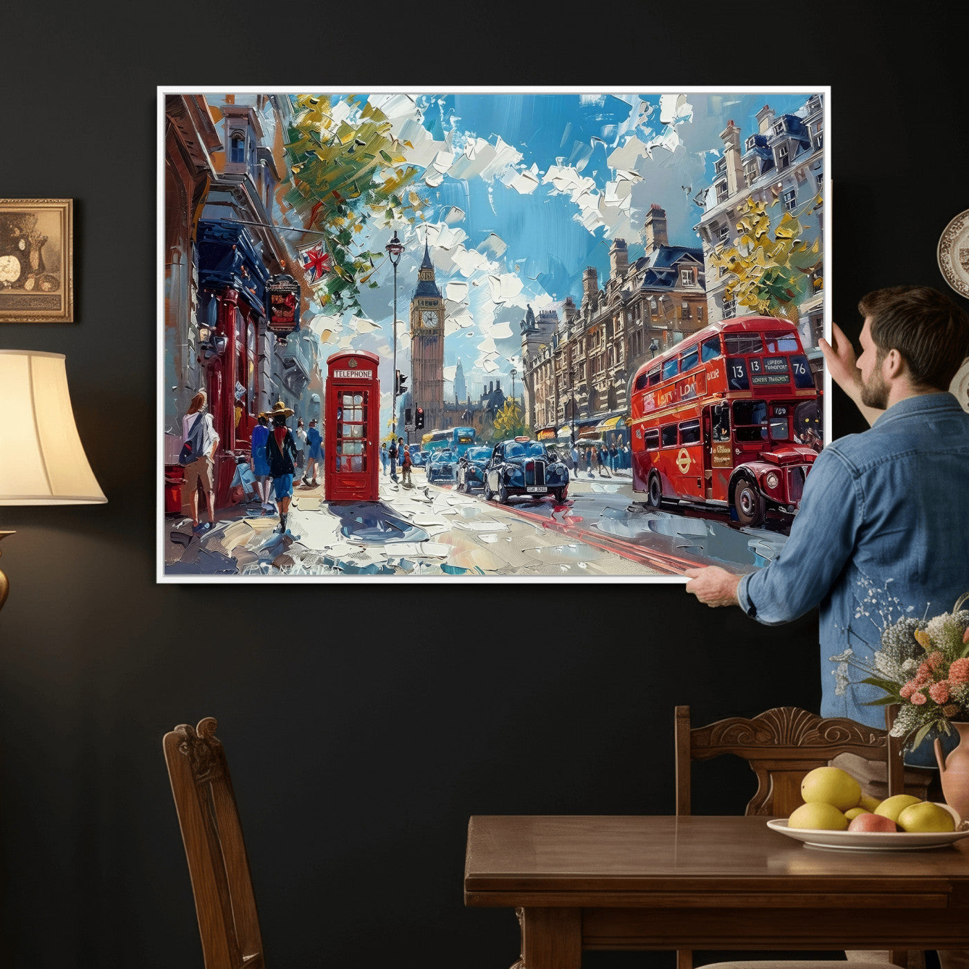 17630888-MGV-CV-36X24 - London Street Canvas Wall Art — Big Ben Red Bus Print | Oil Painting Style | UK City Wall Decor | Travel Art Gift | Living Room Print