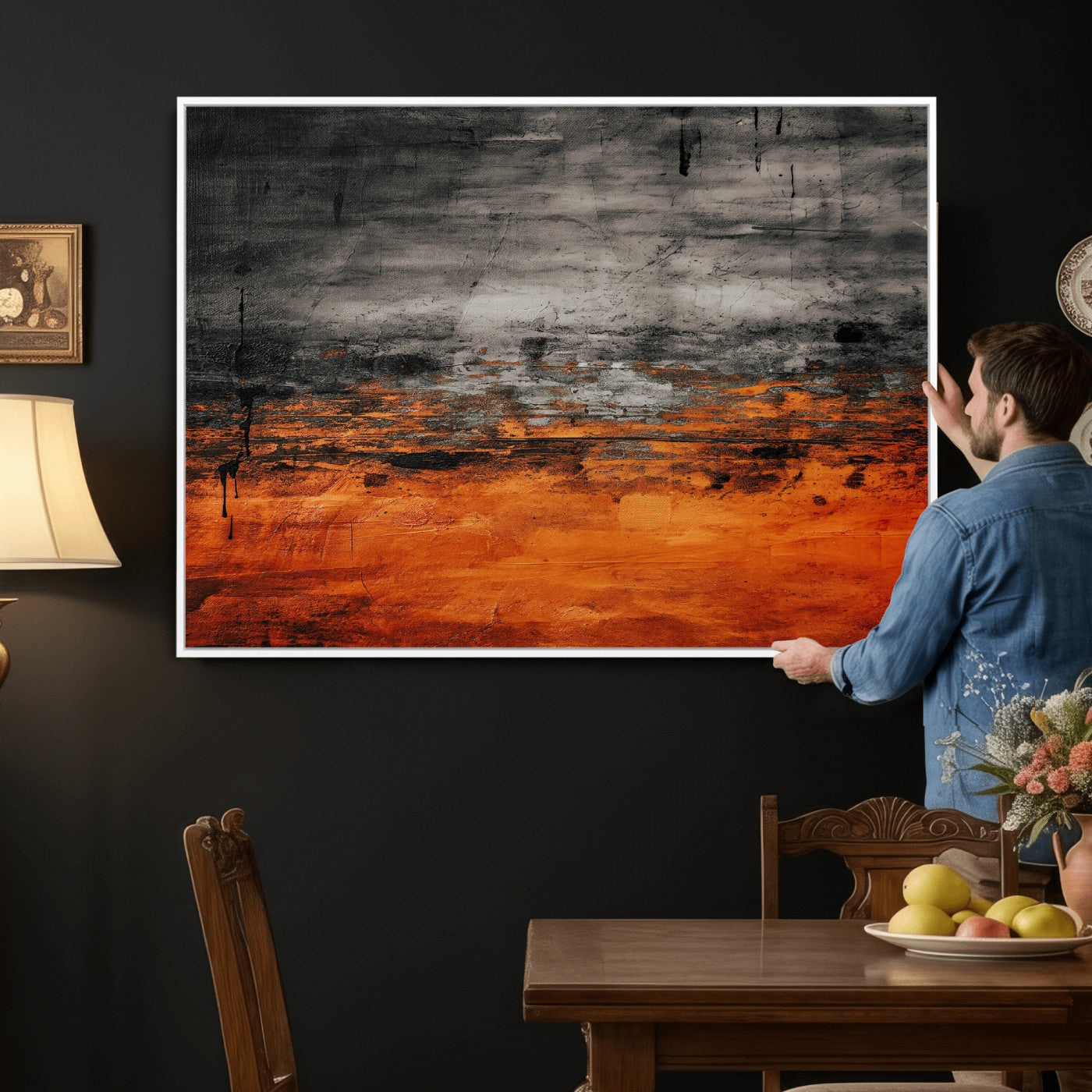 75409282-MGV-CV-36X24 - Black Orange Abstract Wall Art Canvas Print Modern Textured Painting Decor