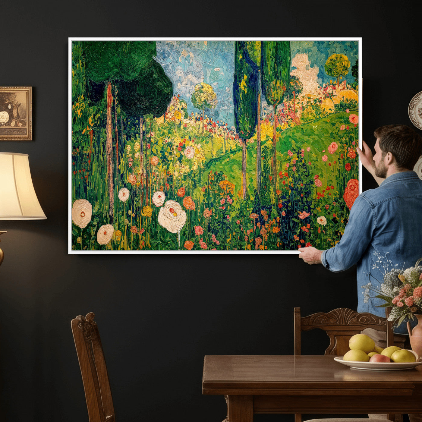 83517974-MGV-CV-36X24 - Gustav Klimt Boho Mountain Landscape Large Wall Art, Horizontal Gold Framed Canvas Print with Sun and Flowers