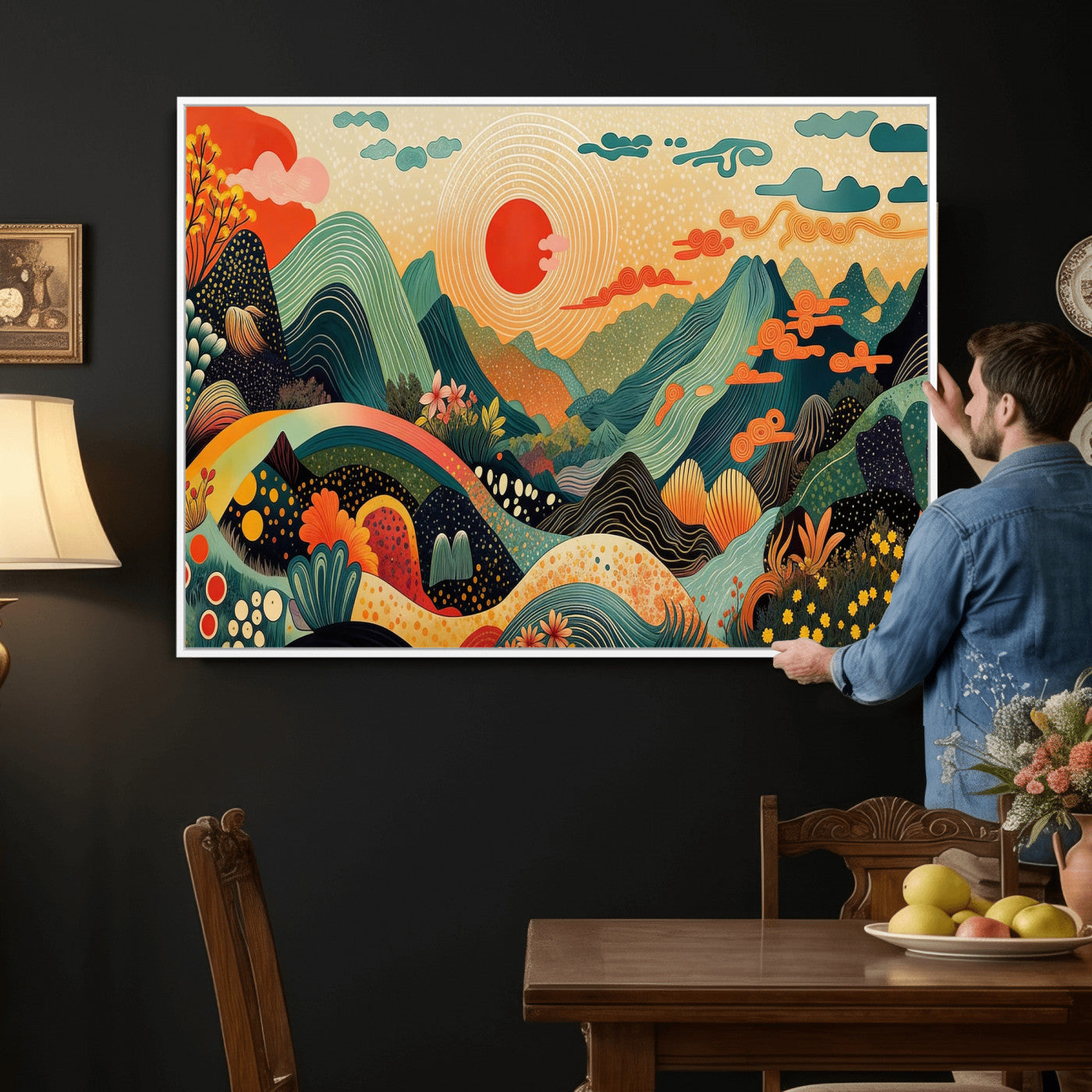 29927191-MGV-CV-36X24 - Yayoi Kusama Boho Mountain Landscape Large Wall Art, Horizontal Gold Framed Canvas Print with Sun and Flowers