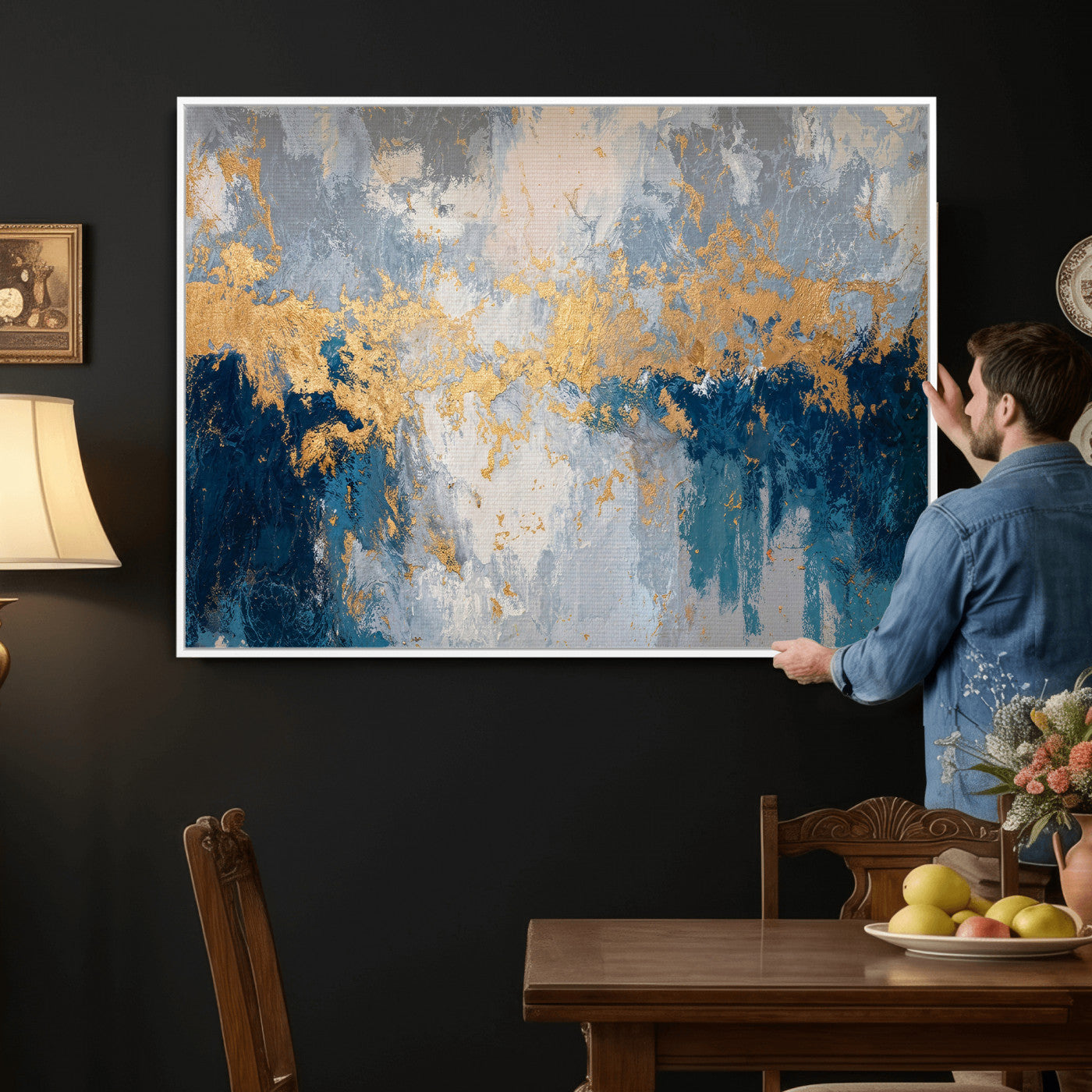 65386119-MGV-CV-36X24 - Blue Gold Abstract Large Framed Canvas Wall Art, Modern Luxury Painting Print in Horizontal Oversized Minimal Wall Decor Artwork