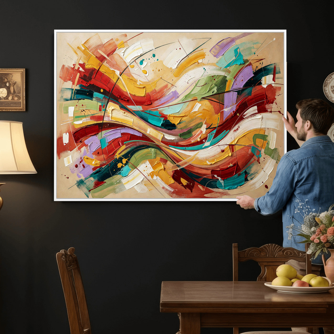 39887645-MGV-CV-36X24 - Geometric Abstract Wall Art Canvas Print, Orange Blue Abstract Expressionist Painting Print, Modern Geometric Abstract Canvas Art