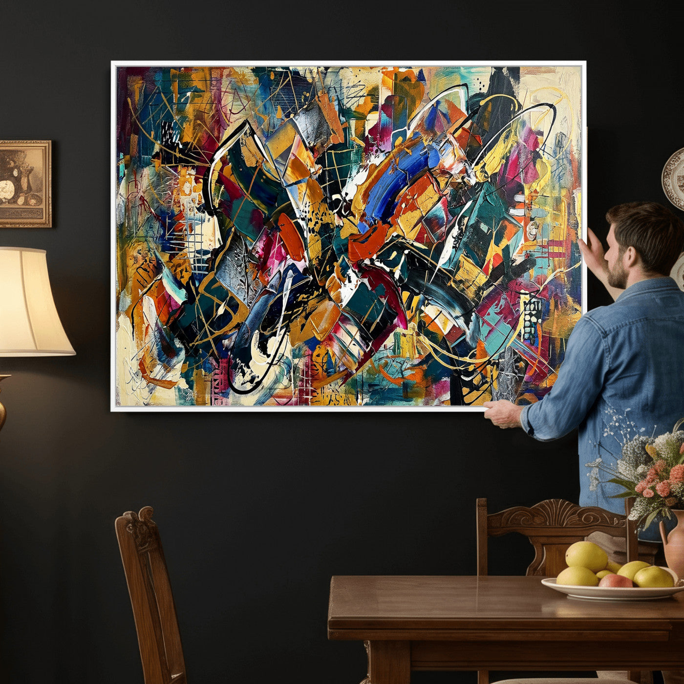 15525527-MGV-CV-36X24 - Geometric Abstract Wall Art Canvas Print, Orange Blue Abstract Expressionist Painting Print, Modern Geometric Abstract Canvas Art