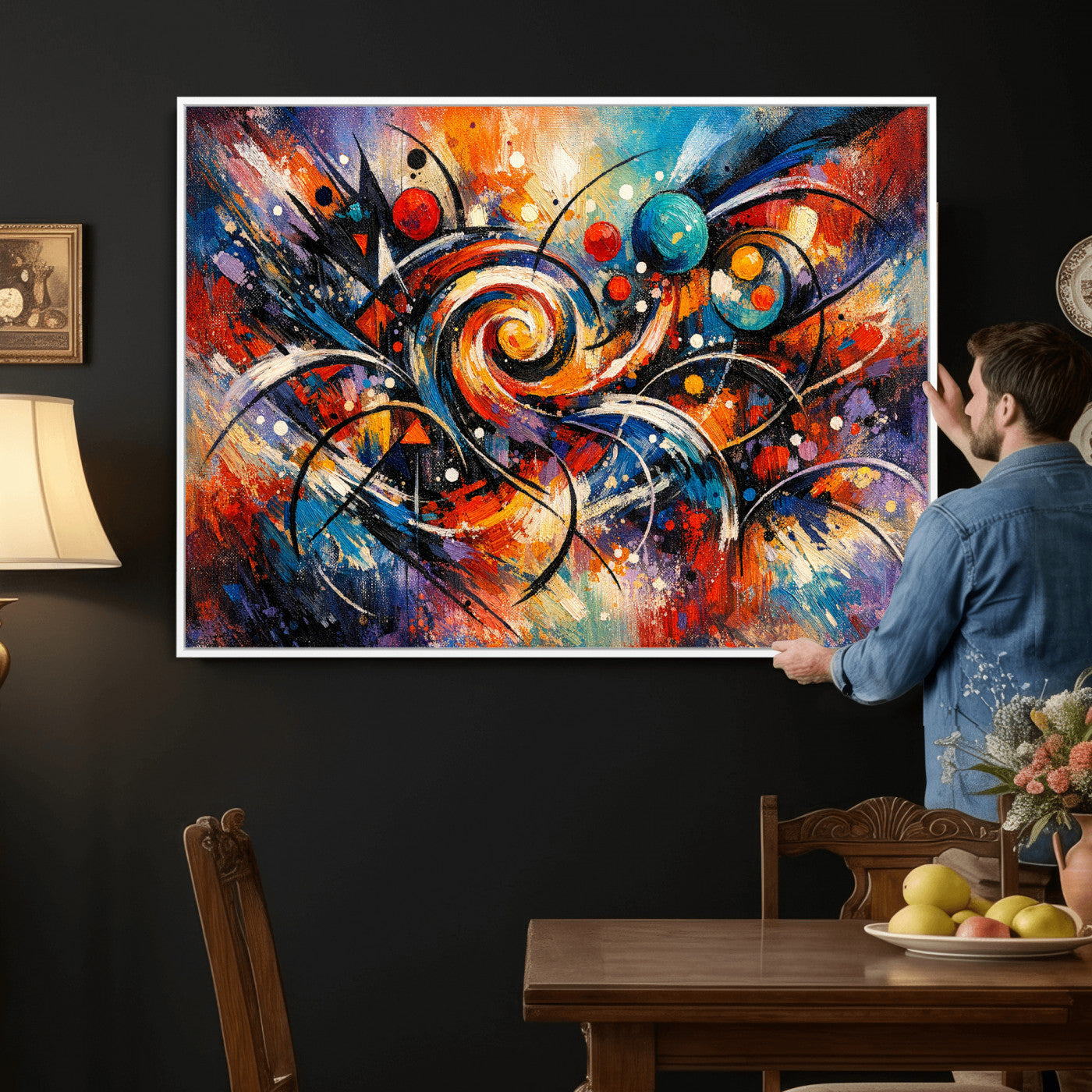 60193267-MGV-CV-36X24 - Geometric Abstract Wall Art Canvas Print, Orange Blue Abstract Expressionist Painting Print, Modern Geometric Abstract Canvas Art