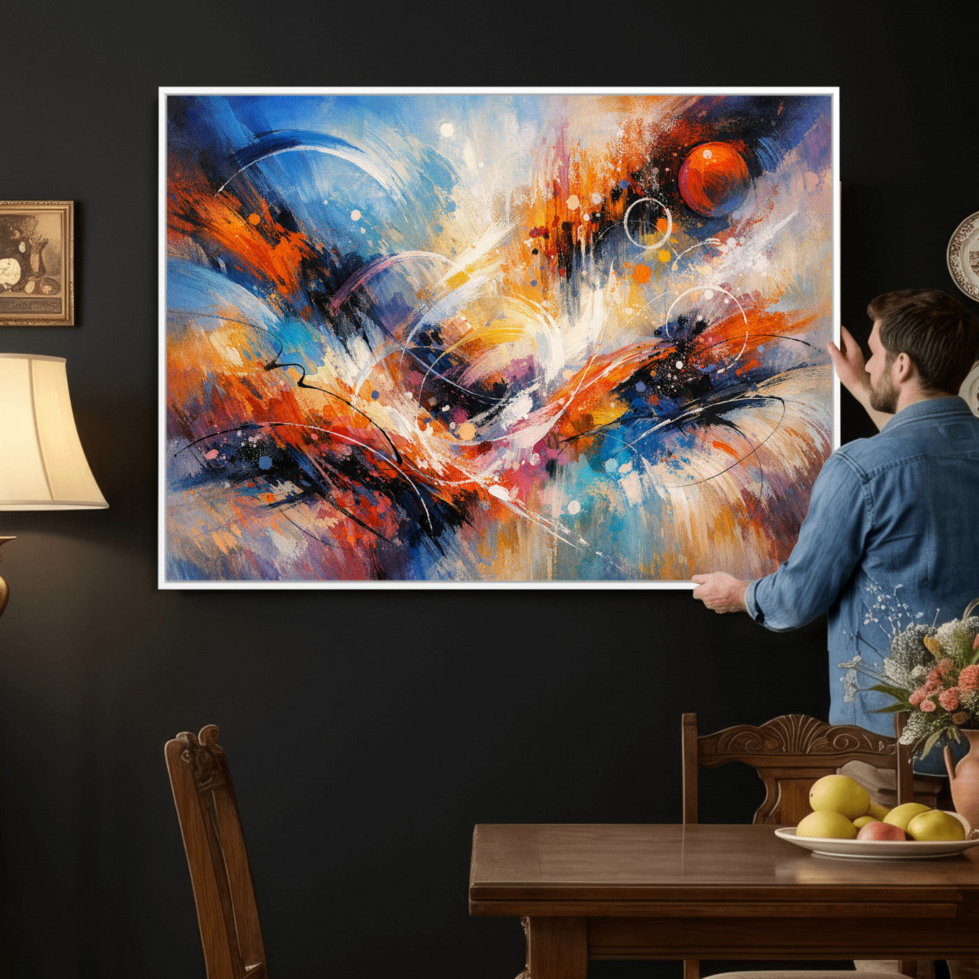 47770355-MGV-CV-36X24 - Geometric Abstract Wall Art Canvas Print, Orange Blue Abstract Expressionist Painting Print, Modern Geometric Abstract Canvas Art