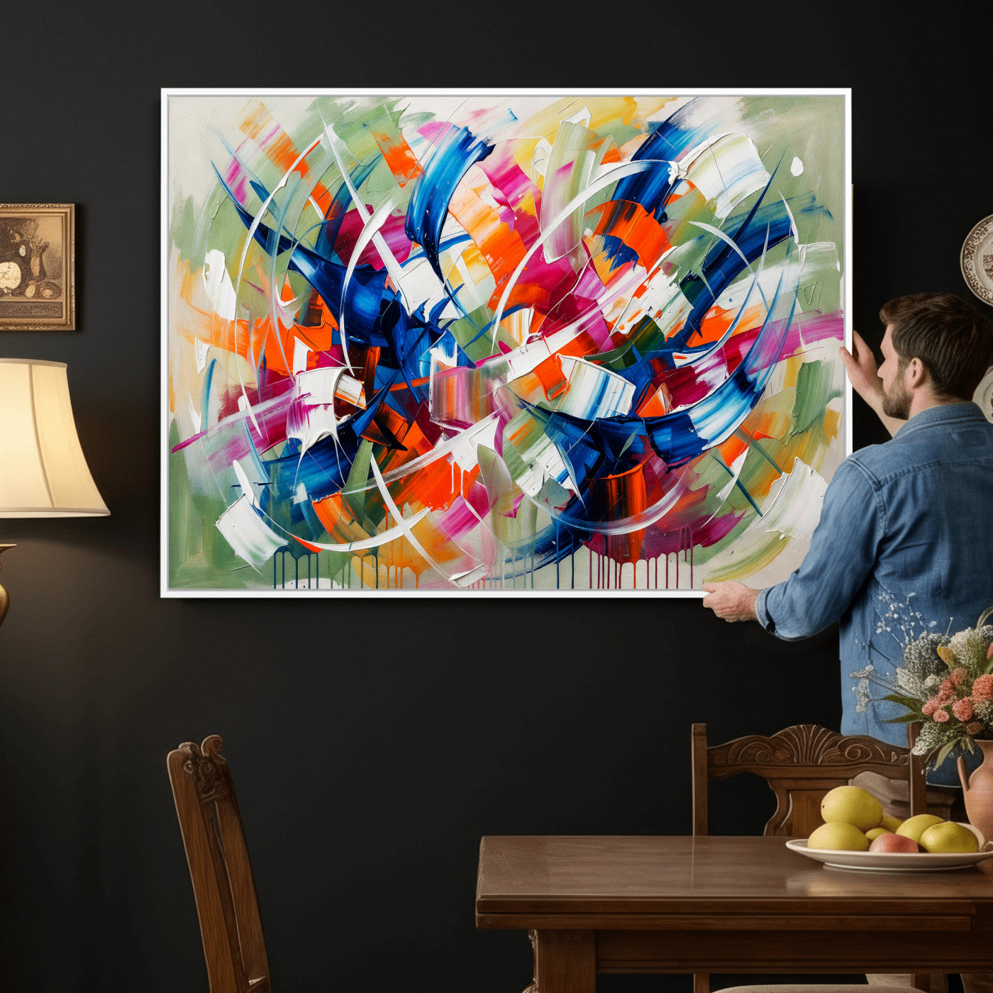 15032888-MGV-CV-36X24 - Geometric Abstract Wall Art Canvas Print, Orange Blue Abstract Expressionist Painting Print, Modern Geometric Abstract Canvas Art