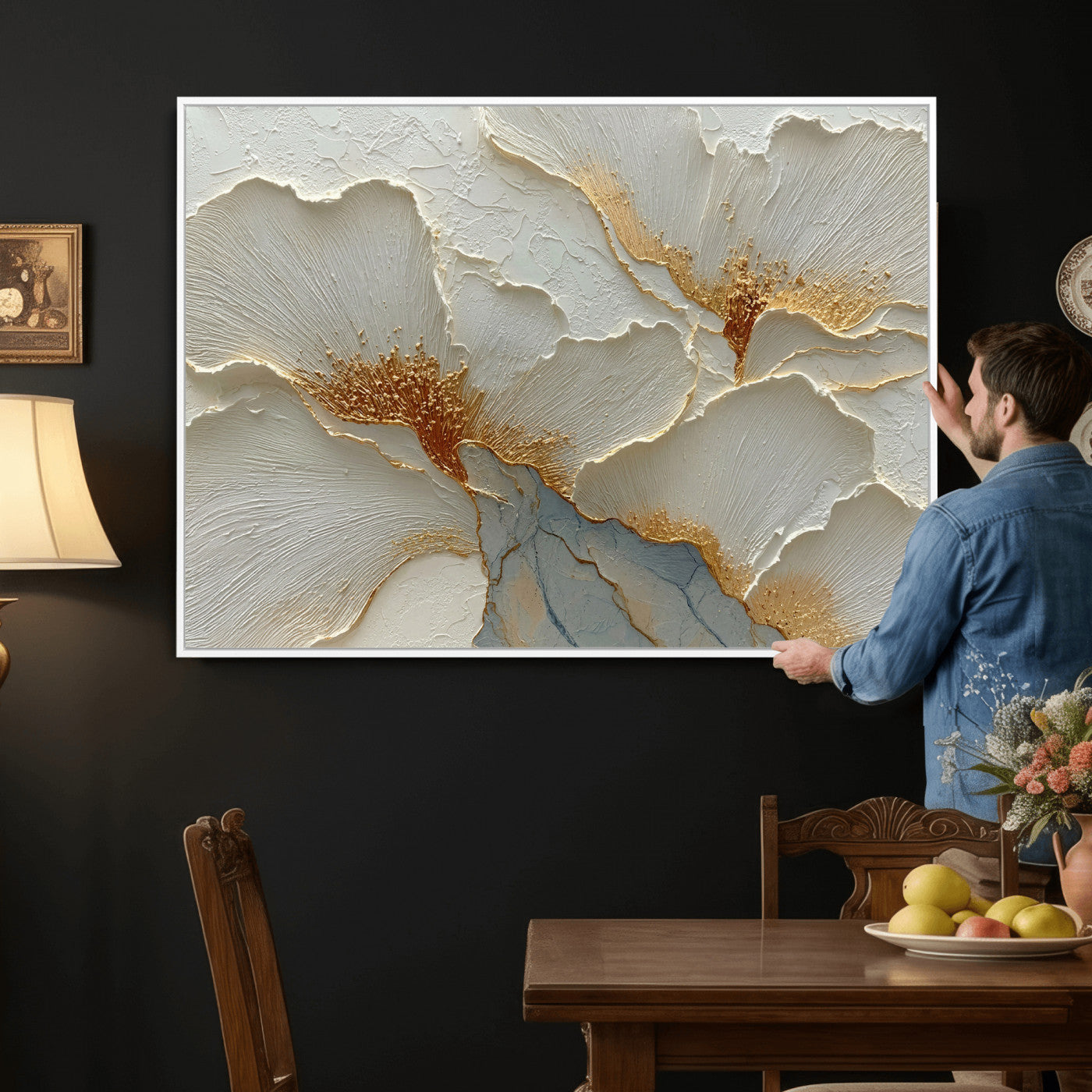 4712069F1-MGV-CV-36X24 - White Gold Floral Canvas Wall Art — Textured Flower Print | Luxury Botanical Decor | Elegant Bedroom Art | Gold Leaf Wall Art Gift