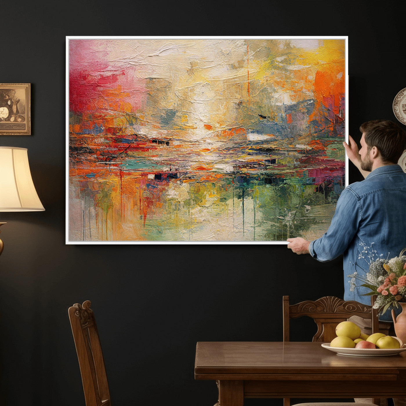 4712069P1-MGV-CV-36X24 - Colorful Abstract Canvas Wall Art — Large Textured Oil Painting Style Print | Orange Red Boho Wall Decor | Modern Living Room Art | Bold Wall Art