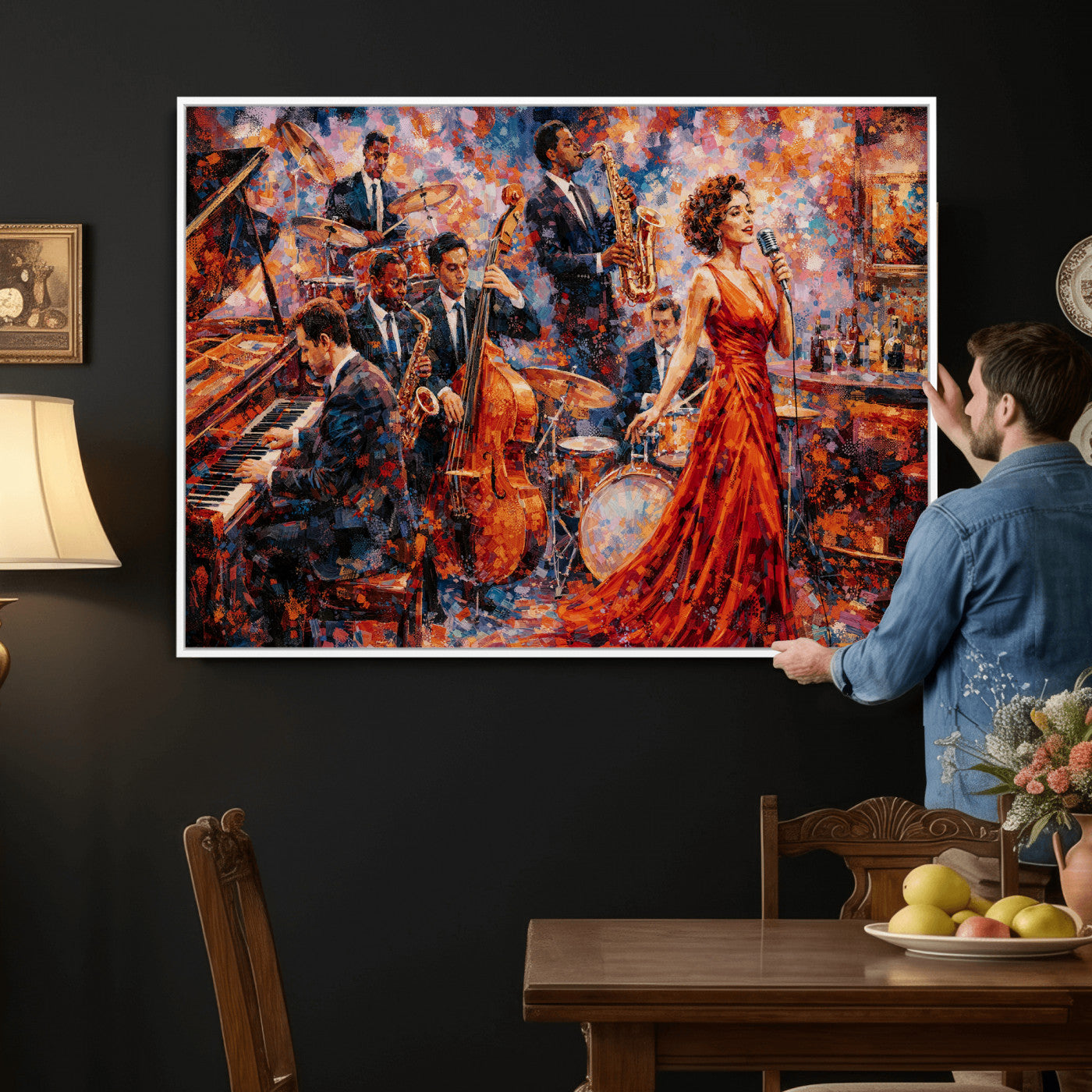 620930SF20-MGV-CV-36X24 - Jazz Band Canvas Wall Art — Jazz Club Singer Saxophone Print | Music Wall Decor | Bar Restaurant Art | Music Lover Gift | Jazz Home Decor