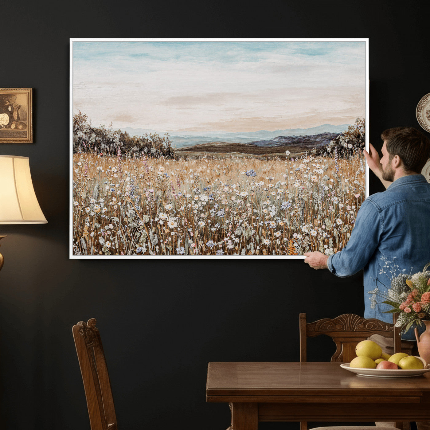 F35773805-MGV-CV-36X24 - Neutral Wildflower Field Canvas Wall Art — Beige Earth Tone Botanical Meadow Print | Farmhouse Boho Decor | Bedroom Living Room Gift Her