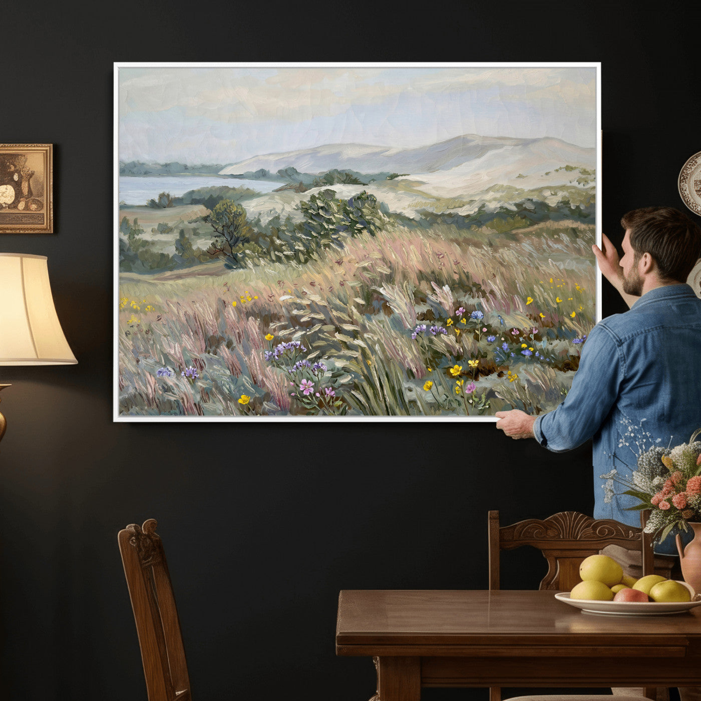 18013232-MGV-CV-36X24 - Katie Staples Hillside Canvas Wall Art — Coastal Wildflower Dune Oil Painting Print | Muted Green Nature Decor | Plein Air Landscape Gift