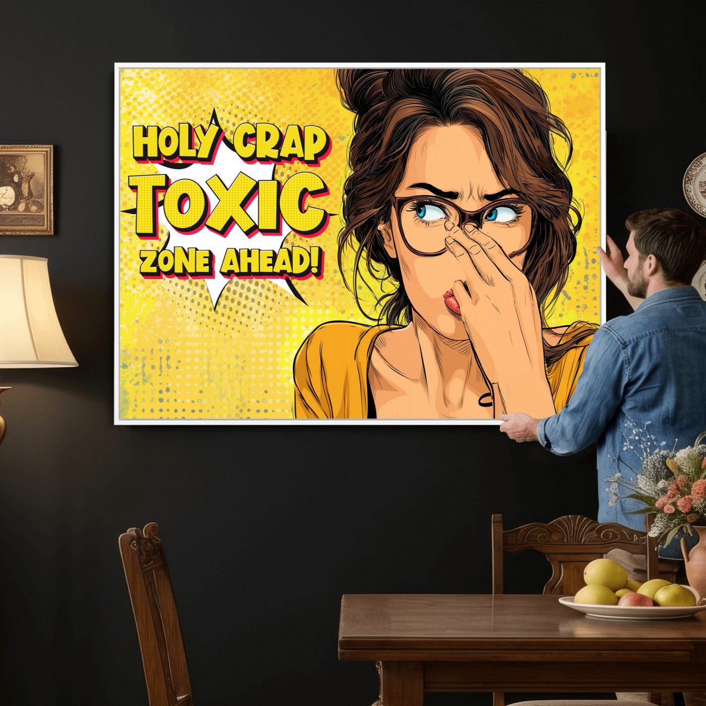 96263876-MGV-CV-36X24 - Pop Art Print Bathroom Sign Wall Art Canvas Print — Funny Bathroom Canvas | Comic Style Toilet Wall Decor | Humor Gift | Yellow Bold Bathroom Art