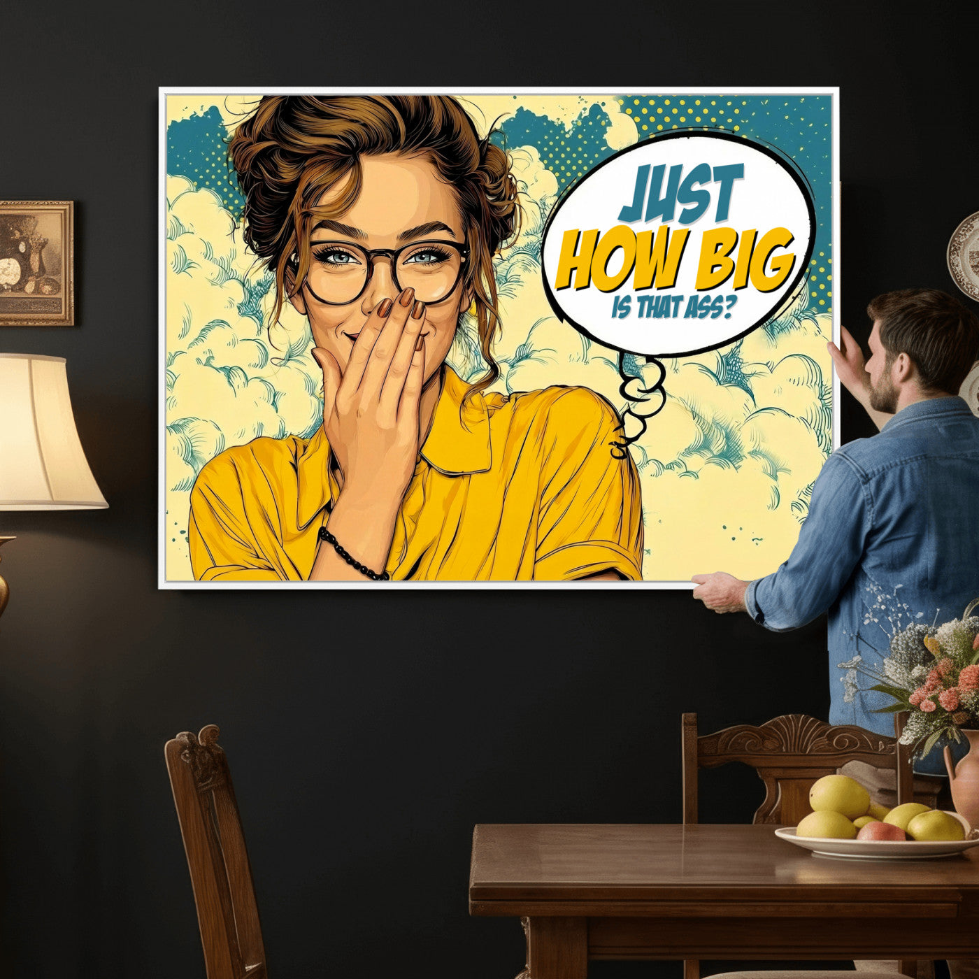 T79156505-MGV-CV-36X24 - Pop Art Print Bathroom Sign Wall Art Canvas Print — Funny Bathroom Canvas | Comic Style Toilet Wall Decor | Humor Gift | How Big Ass