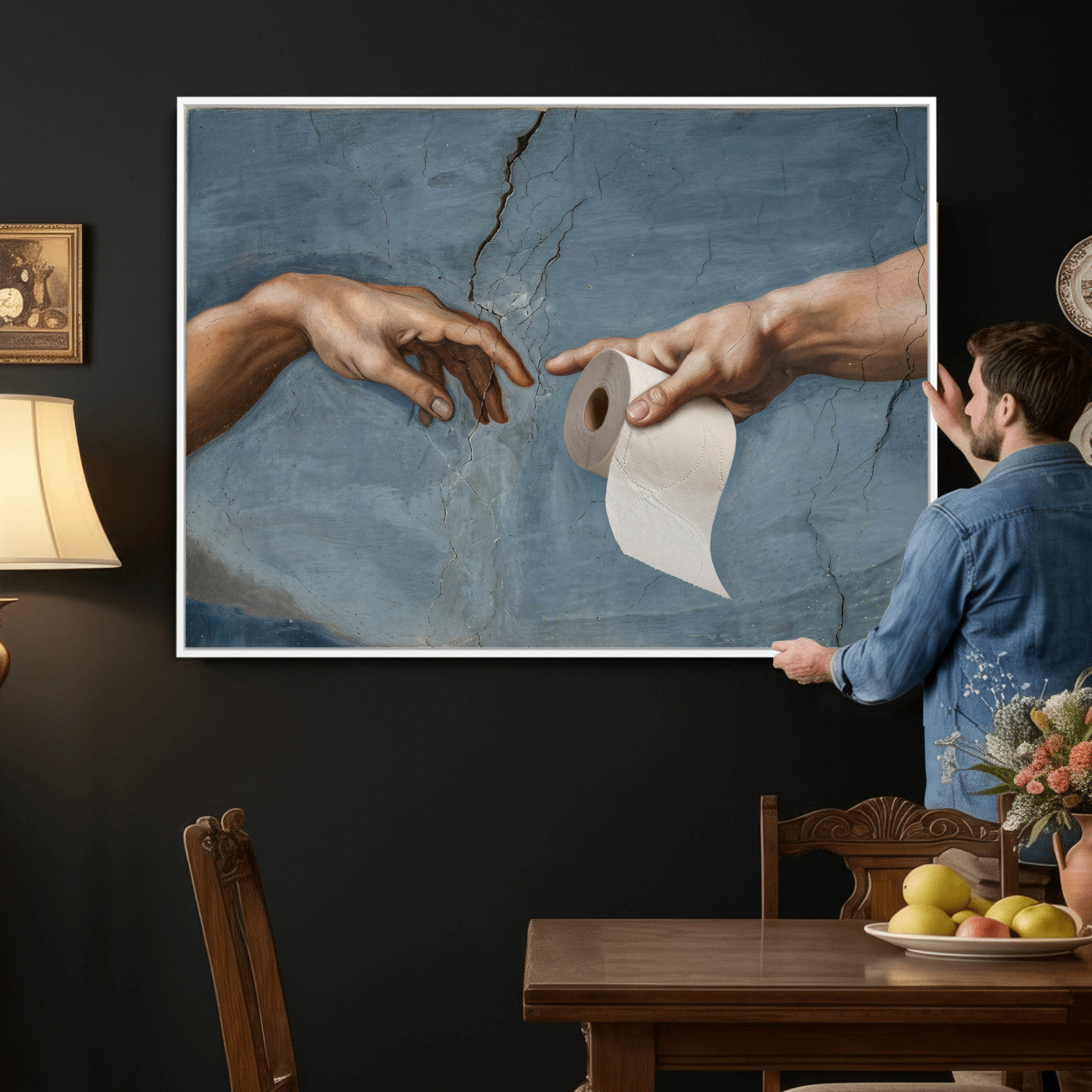 42648143-MGV-CV-36X24 - Funny Bathroom Canvas Wall Art, Michelangelo Creation of Adam Toilet Paper Parody, Renaissance Humor Print, Quirky Housewarming Gift, Toilet Room Decor