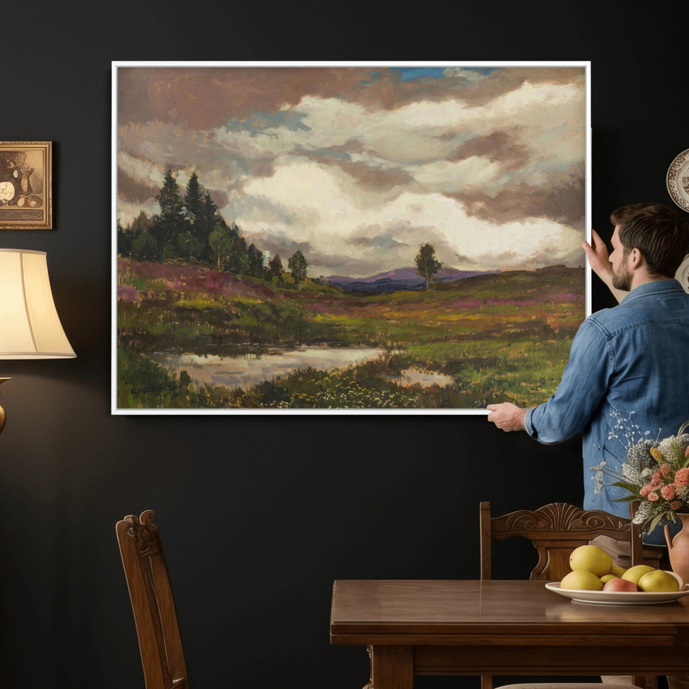 96795851-MGV-CV-36X24 - Gustav Macoun Heathland Canvas Print, Czech Landscape Oil Painting Reproduction, Purple Heather Moorland Art, Vintage European Nature Decor