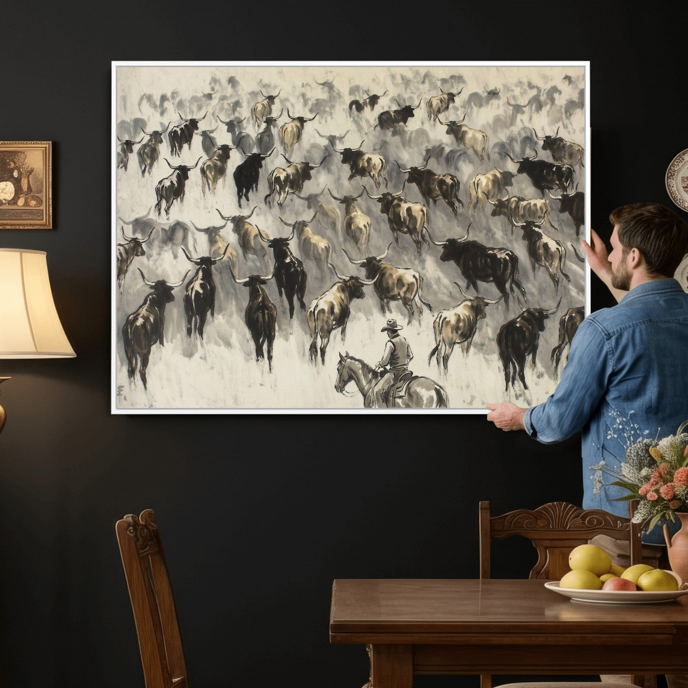 48049876-MGV-CV-36X24 - Cowboy Cattle Drive Canvas Wall Art, Western Longhorn Herd Ink Painting Print, Ranch Rodeo Decor, Black White Western Art, Large Living Room Art