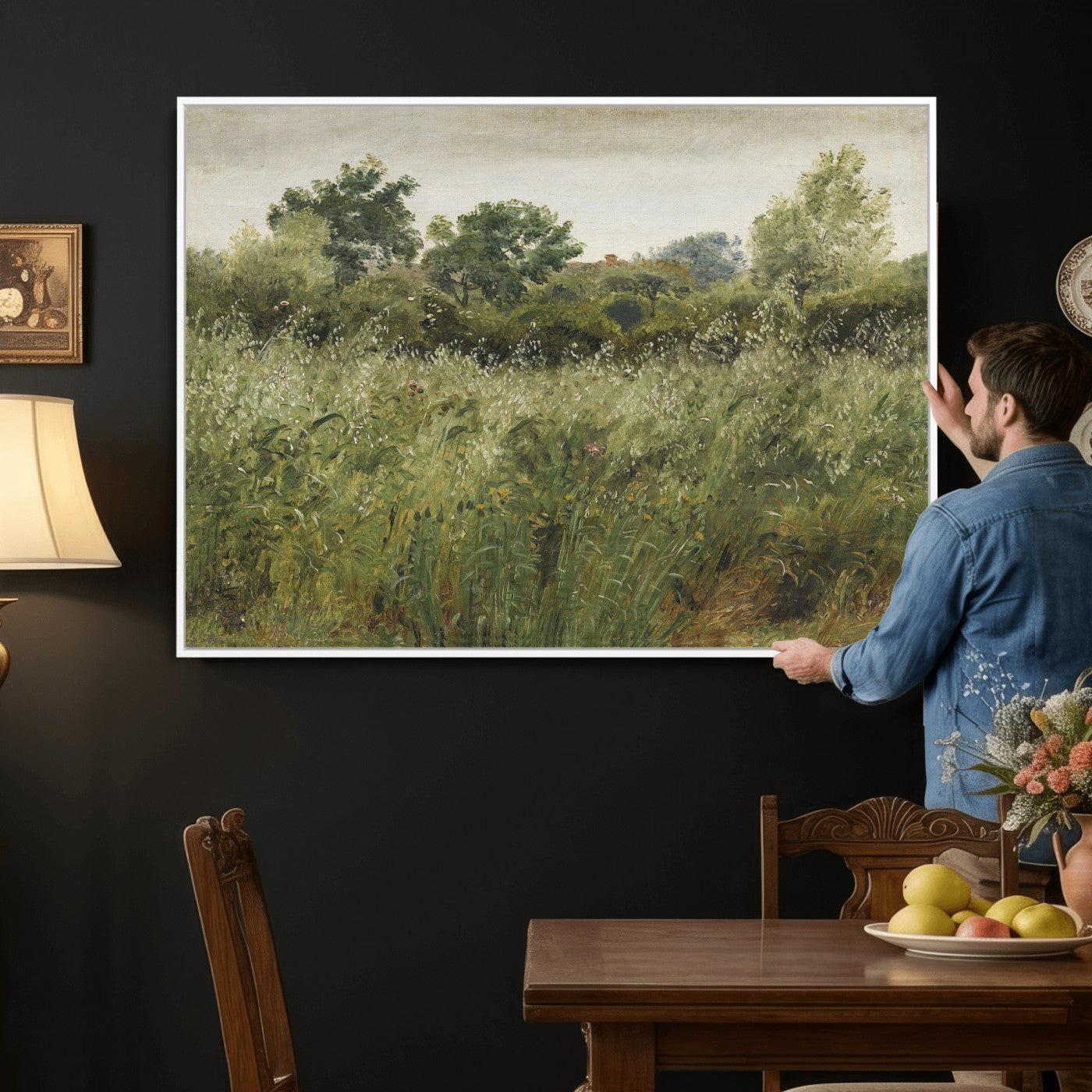 92328261-MGV-CV-36X24 - Wildflower Meadow Canvas Wall Art, Impressionist Overgrown Field Painting Print, Vintage Green Nature Decor, Cottagecore Botanical Art, Living Room Print