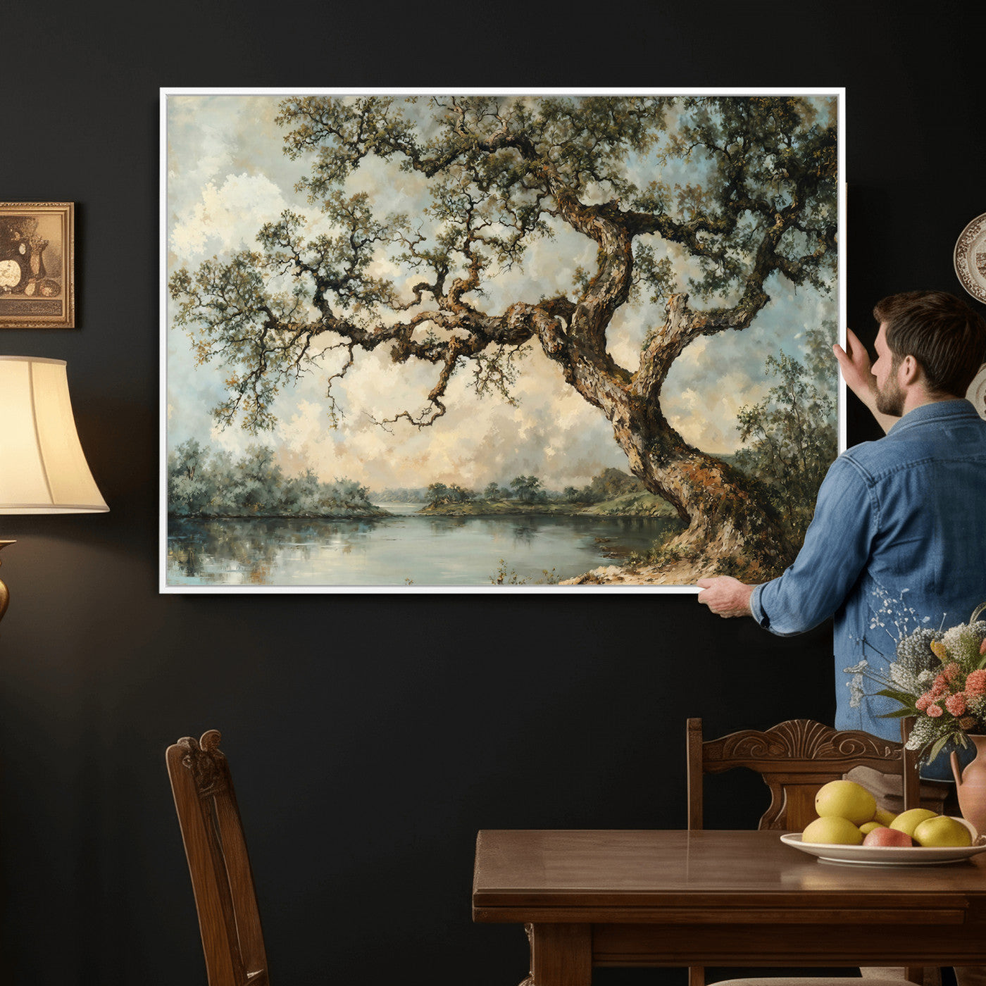 63857726-MGV-CV-36X24 - Old Oak Tree Canvas Wall Art, Turner Inspired Romantic Landscape Print, Vintage Nature Painting, Living Room Wall Decor, Antique Style Tree Art