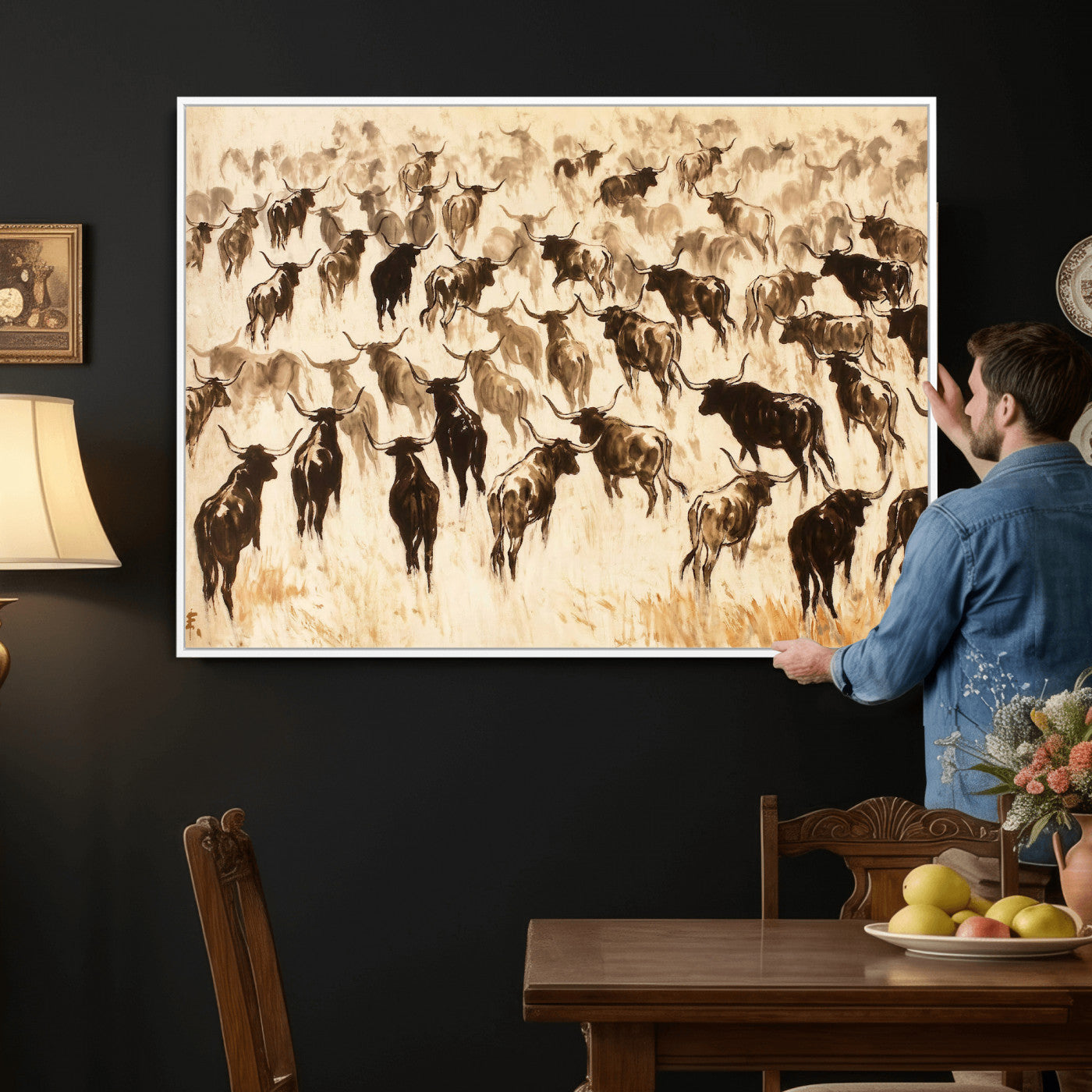 39077774-MGV-CV-36X24 - Texas Longhorn Sepia Canvas Wall Art, Western Cattle Stampede Painting Print, Warm Amber Ranch Decor, Rustic Cowboy Home Art, Large Living Room Decor