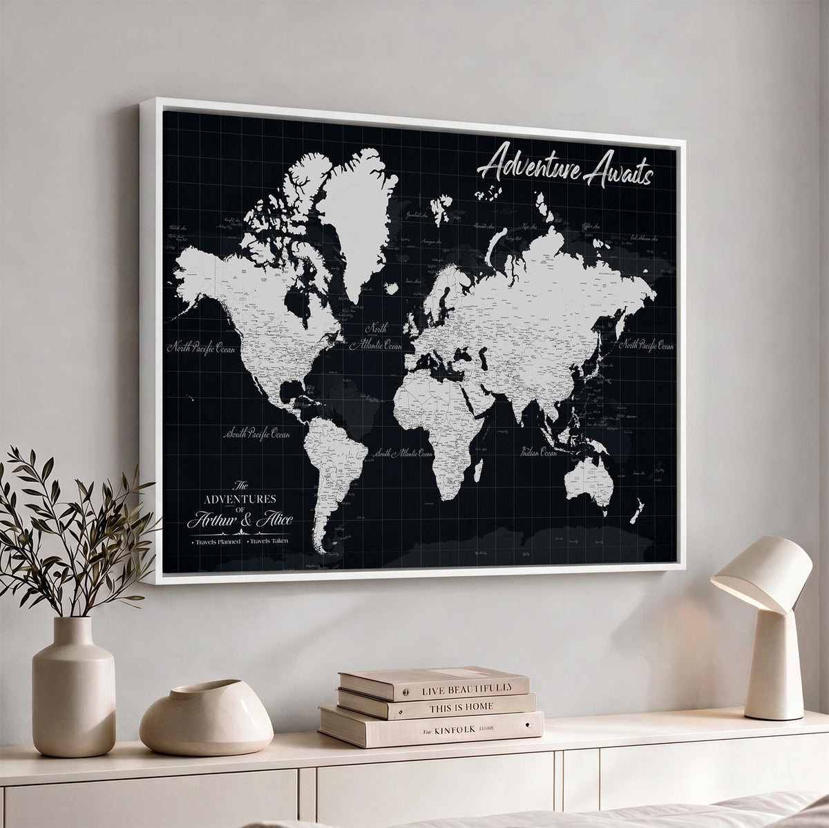 19855445B-MGV-CV-36X24 - Personalized Black Push Pin Travel Map Canvas Print, Couples Countries Visited Map, Entryway and Hallway Decor