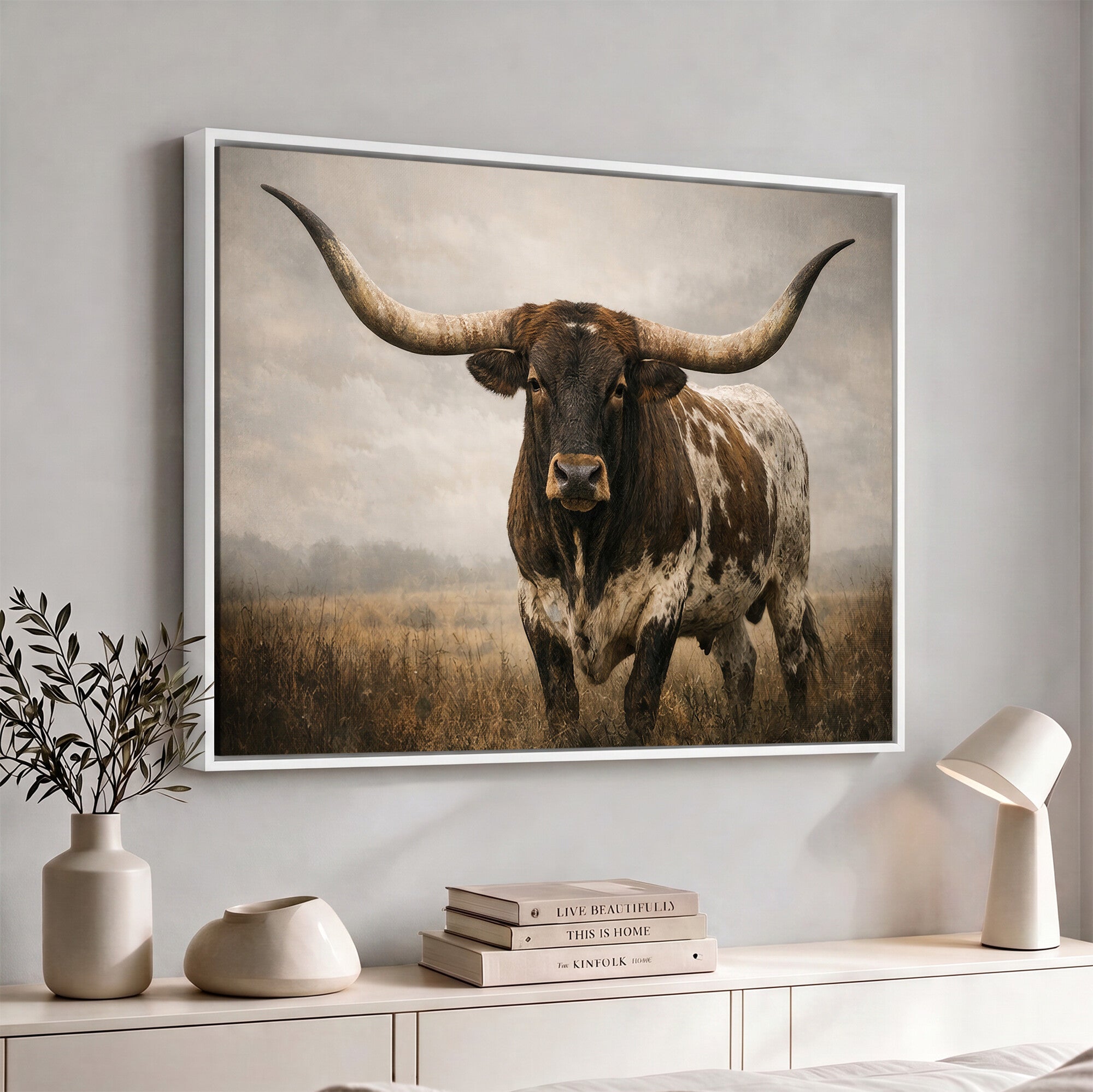 17622011L-_Poster-30x20 - Longhorn Bull Wall Art Canvas Print, Western Farmhouse Decor