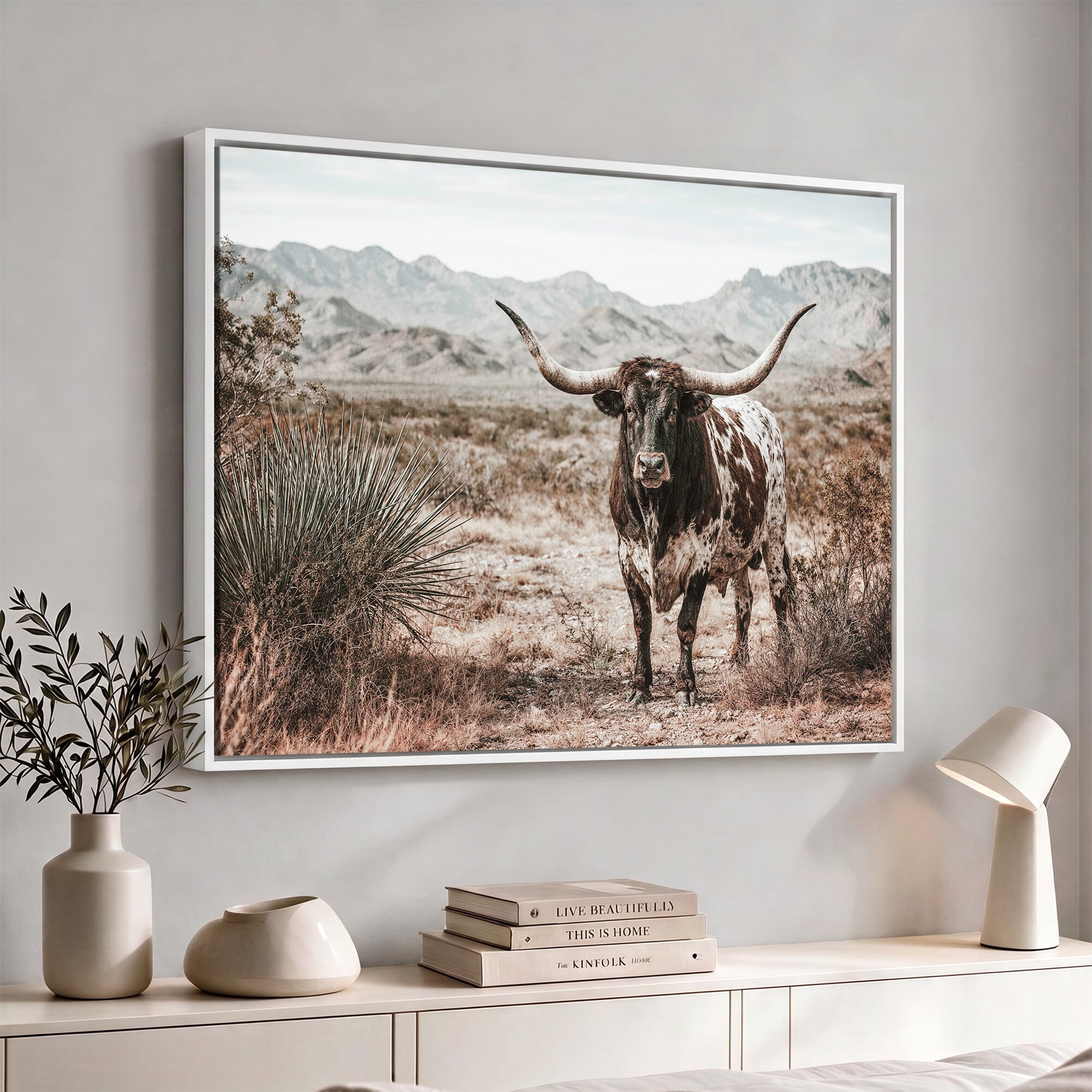 17622011H-MGV-CV-36X24 - Texas Longhorn Bull Wall Art Canvas Print, Western Farmhouse Cowboy Decor, Rustic Texas Ranch Cattle Artwork for Living Room Bedroom Office, Framed Wall Decor